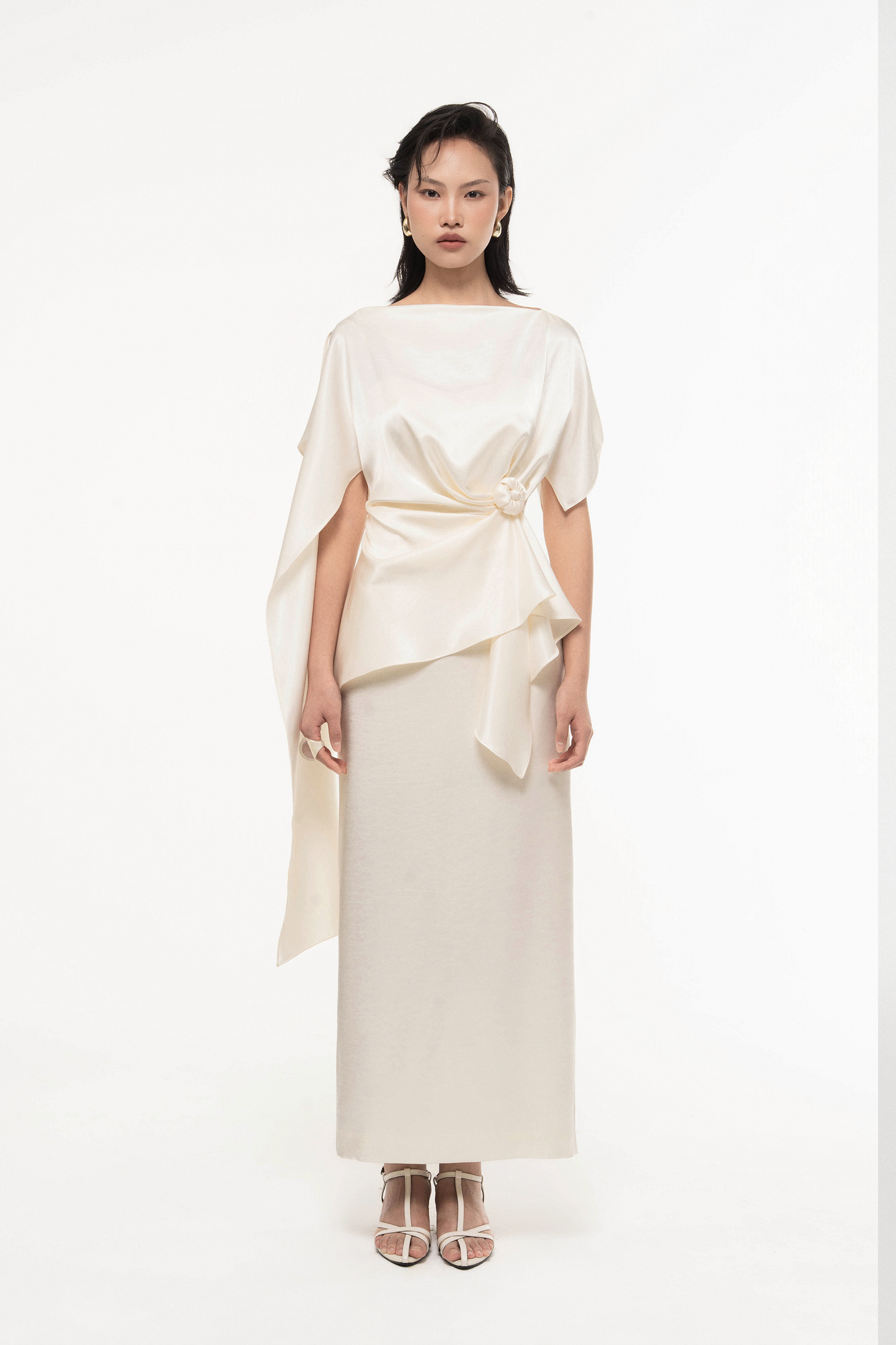 Silk Asymmetric Draped Pencil Dress in Light Cream