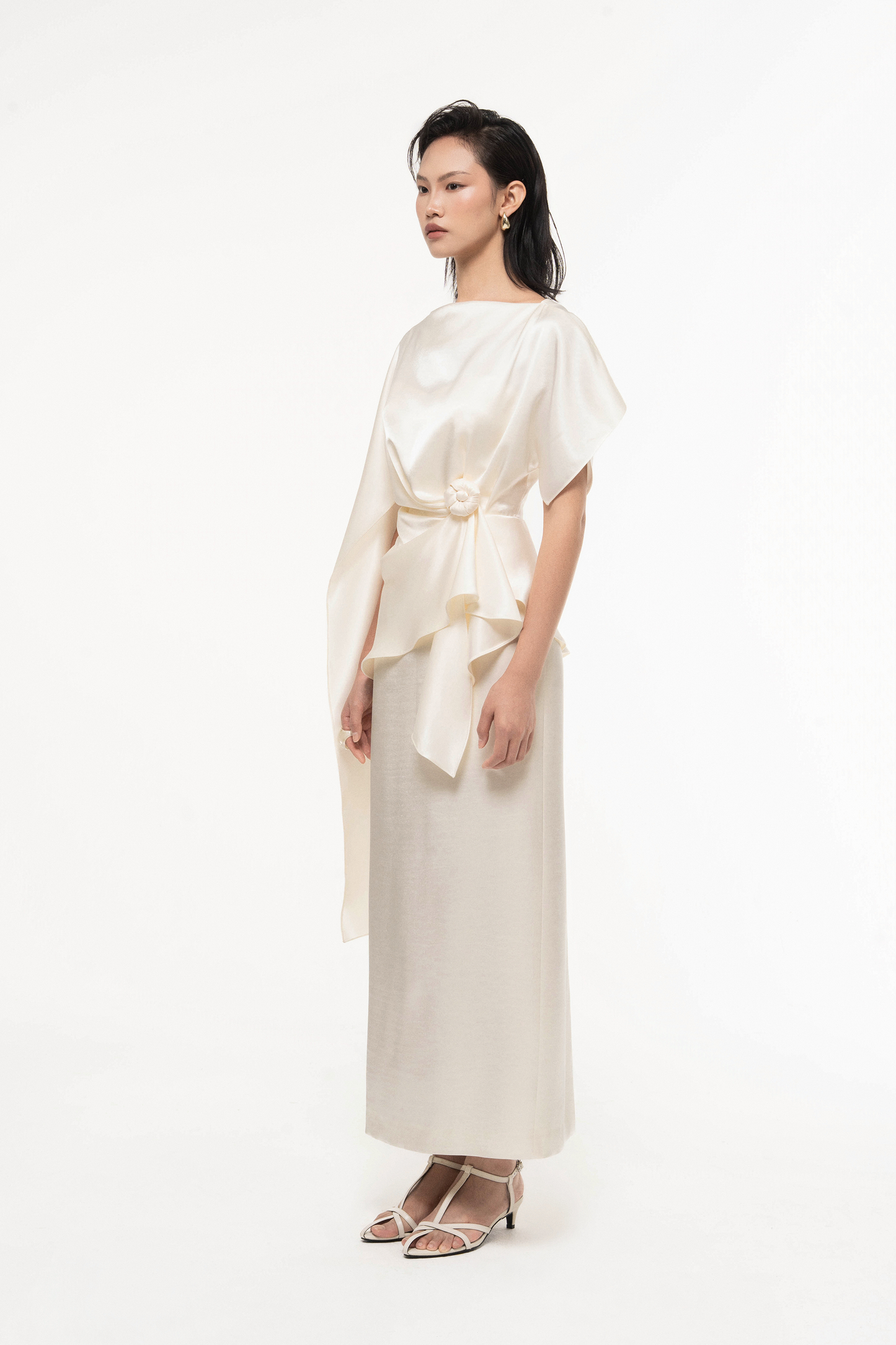 Silk Asymmetric Draped Pencil Dress in Light Cream