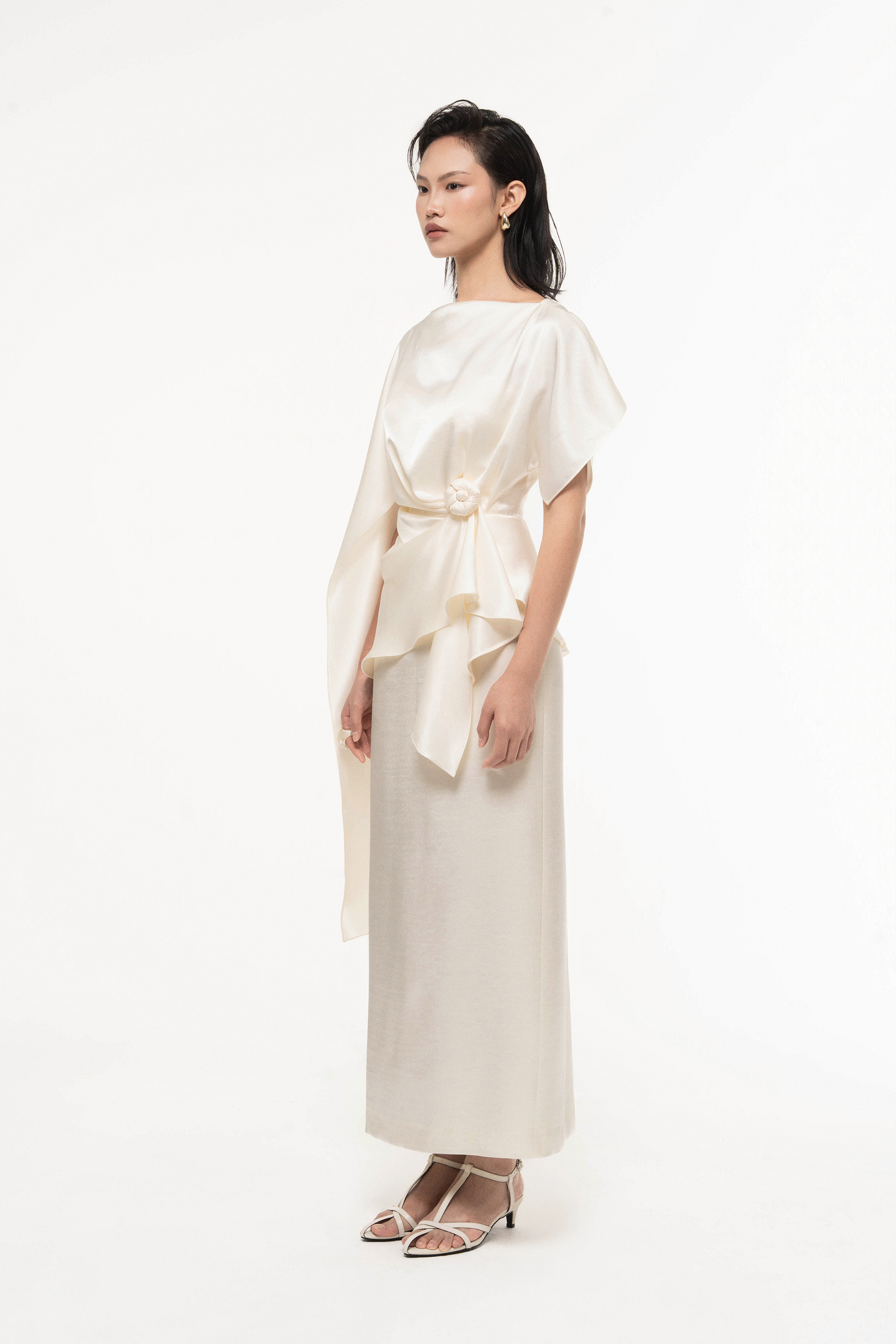 Silk Asymmetric Draped Pencil Dress in Light Cream
