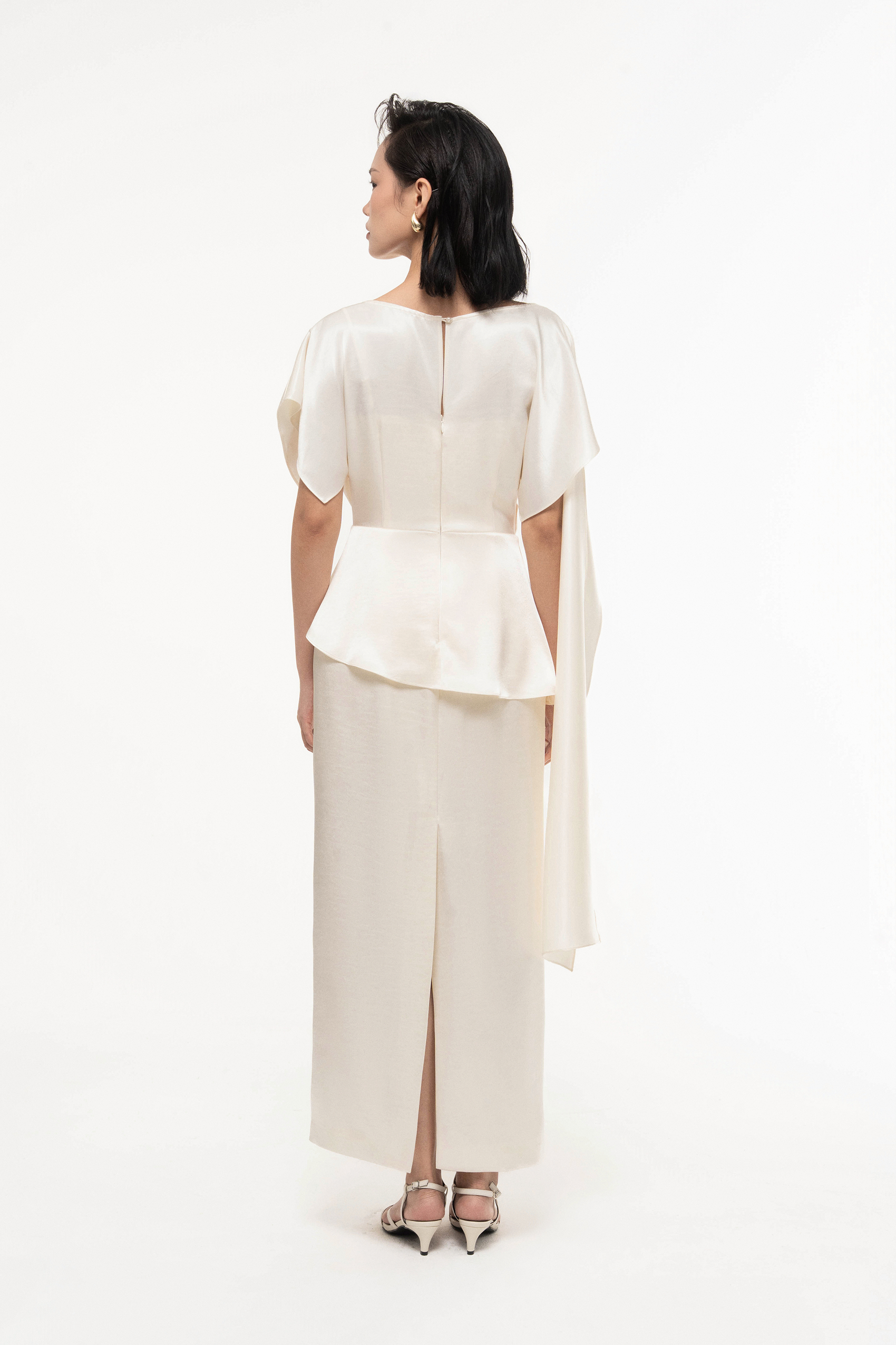 Silk Asymmetric Draped Pencil Dress in Light Cream