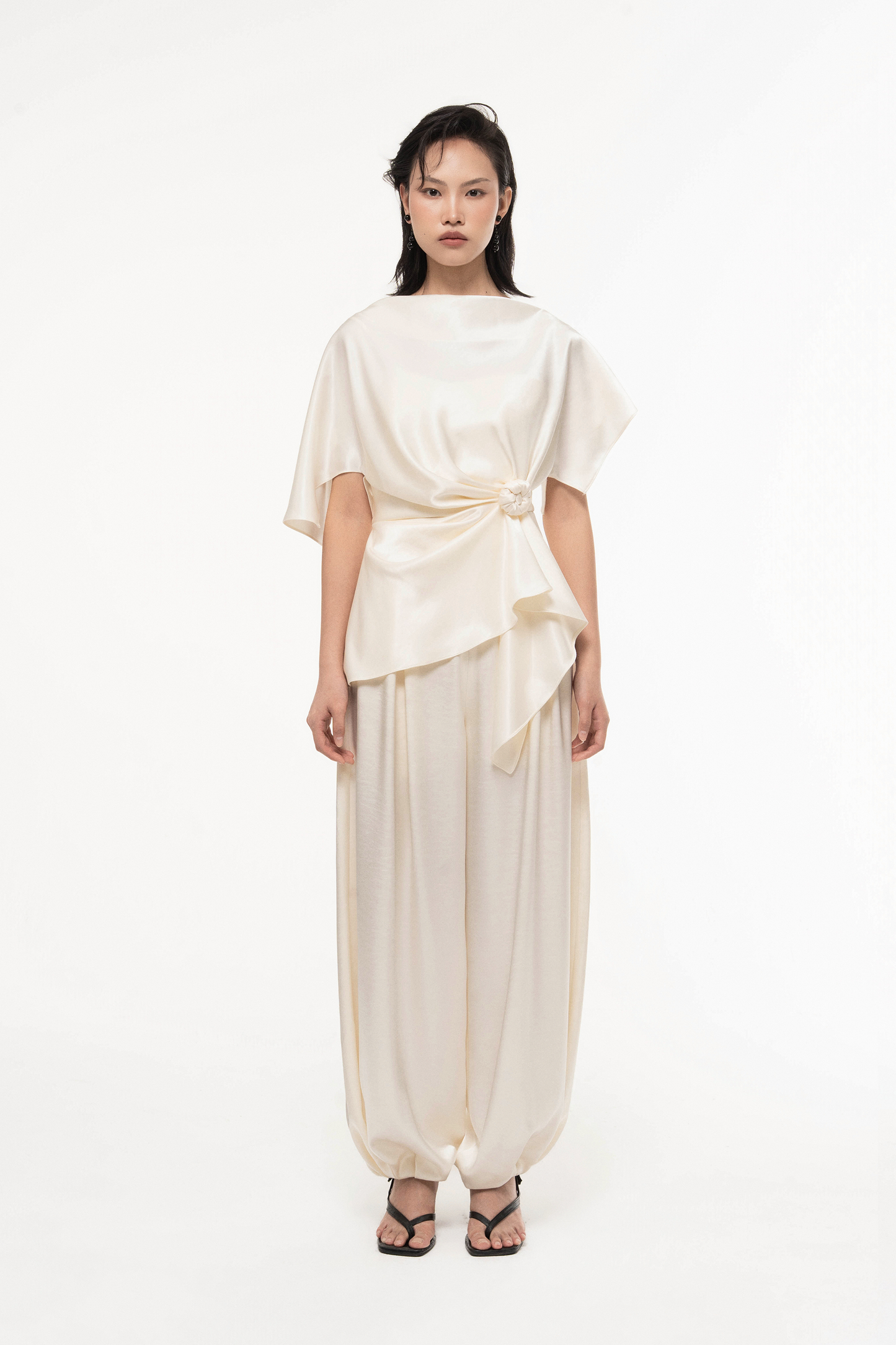 Silk Asymmetric Peplum Set in Light Cream