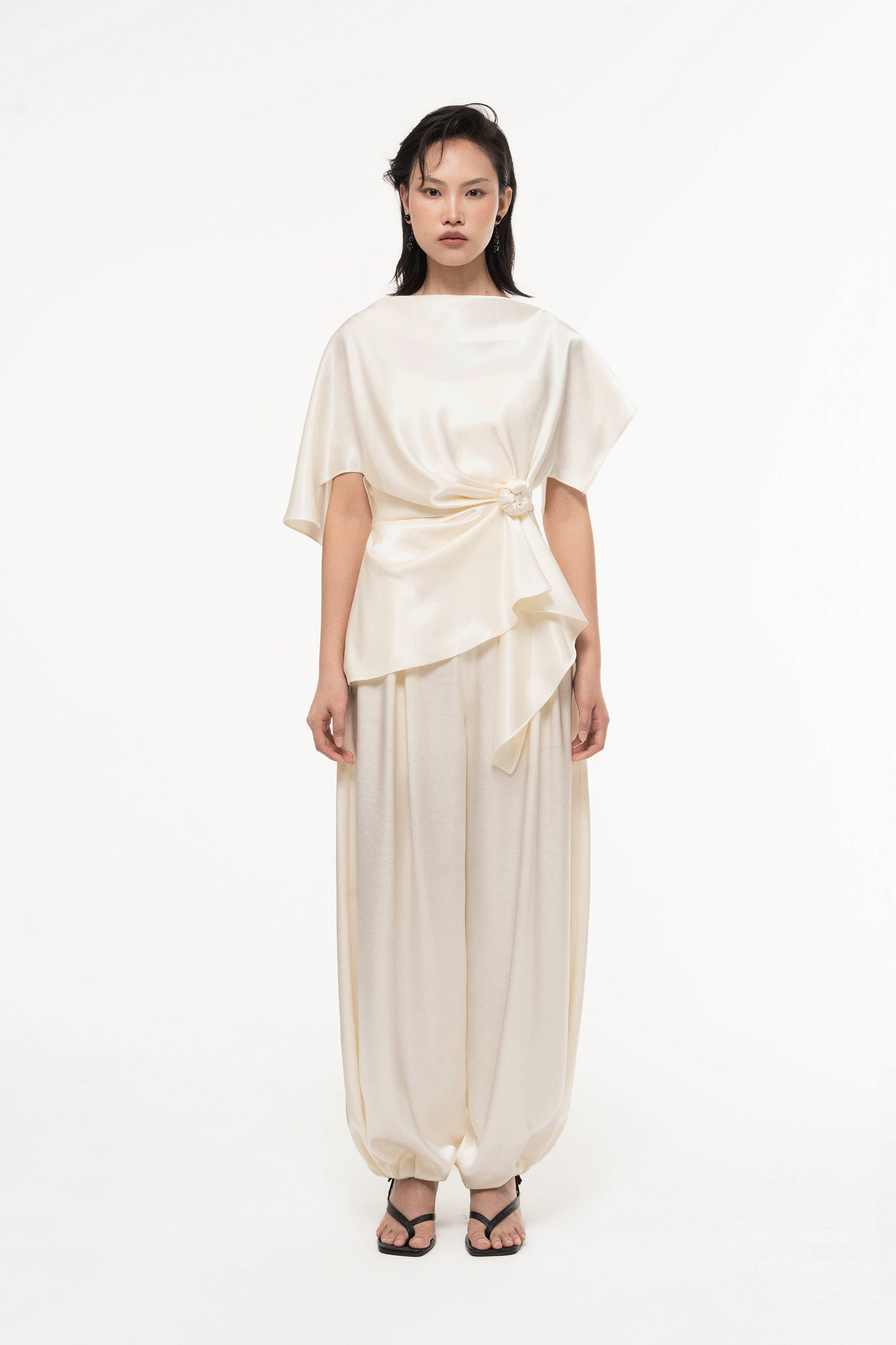 Silk Asymmetric Peplum Set in Light Cream