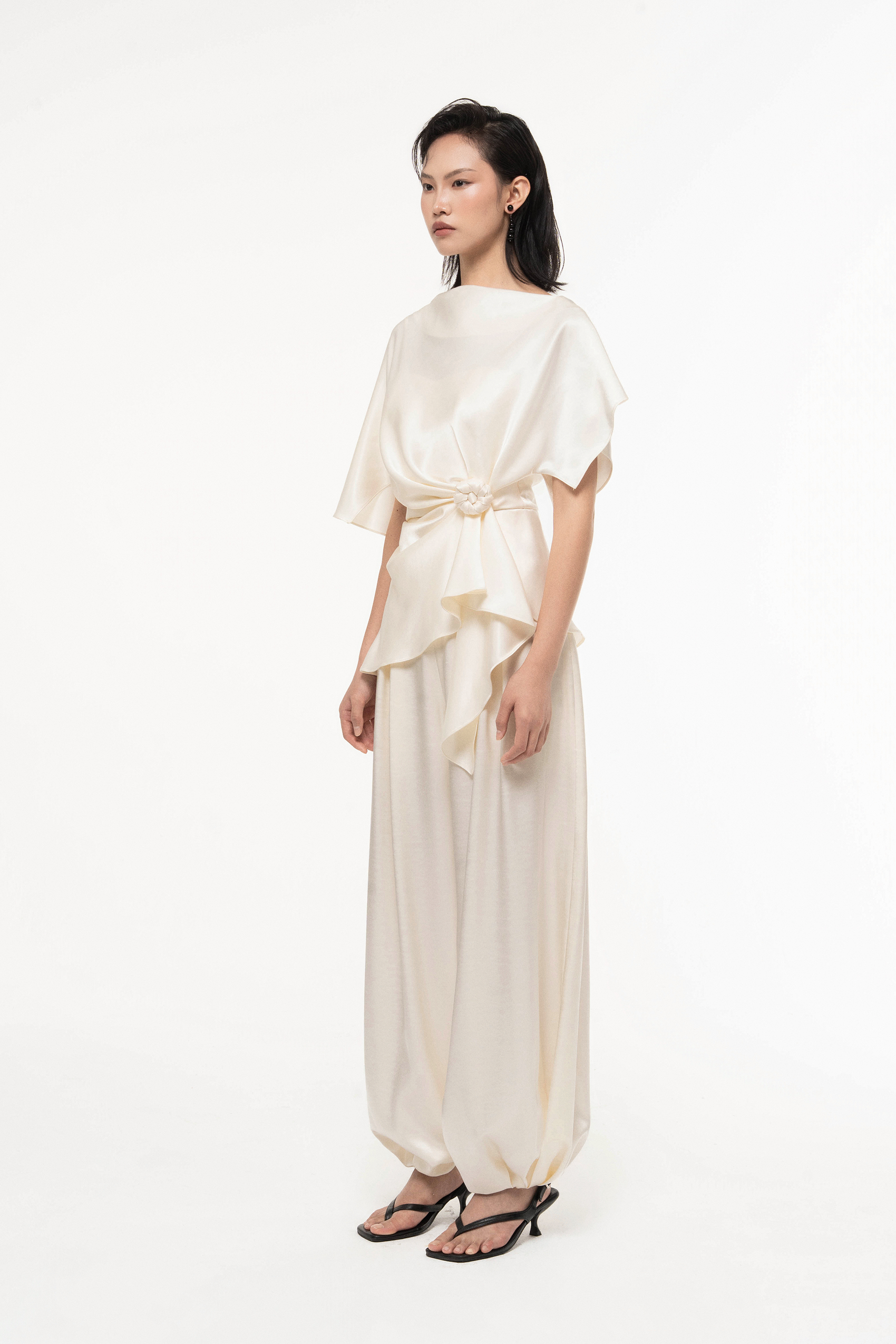 Silk Asymmetric Peplum Set in Light Cream