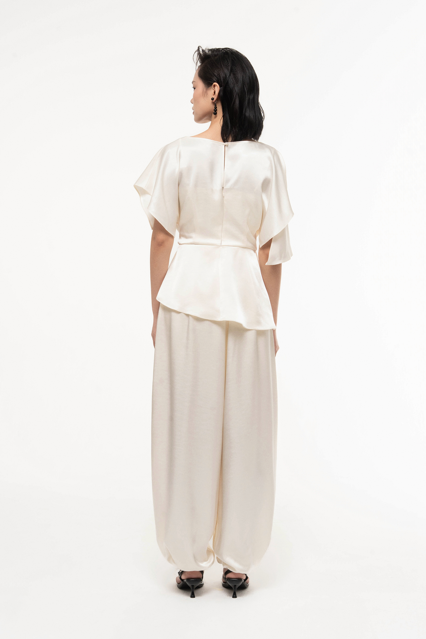 Silk Asymmetric Peplum Set in Light Cream