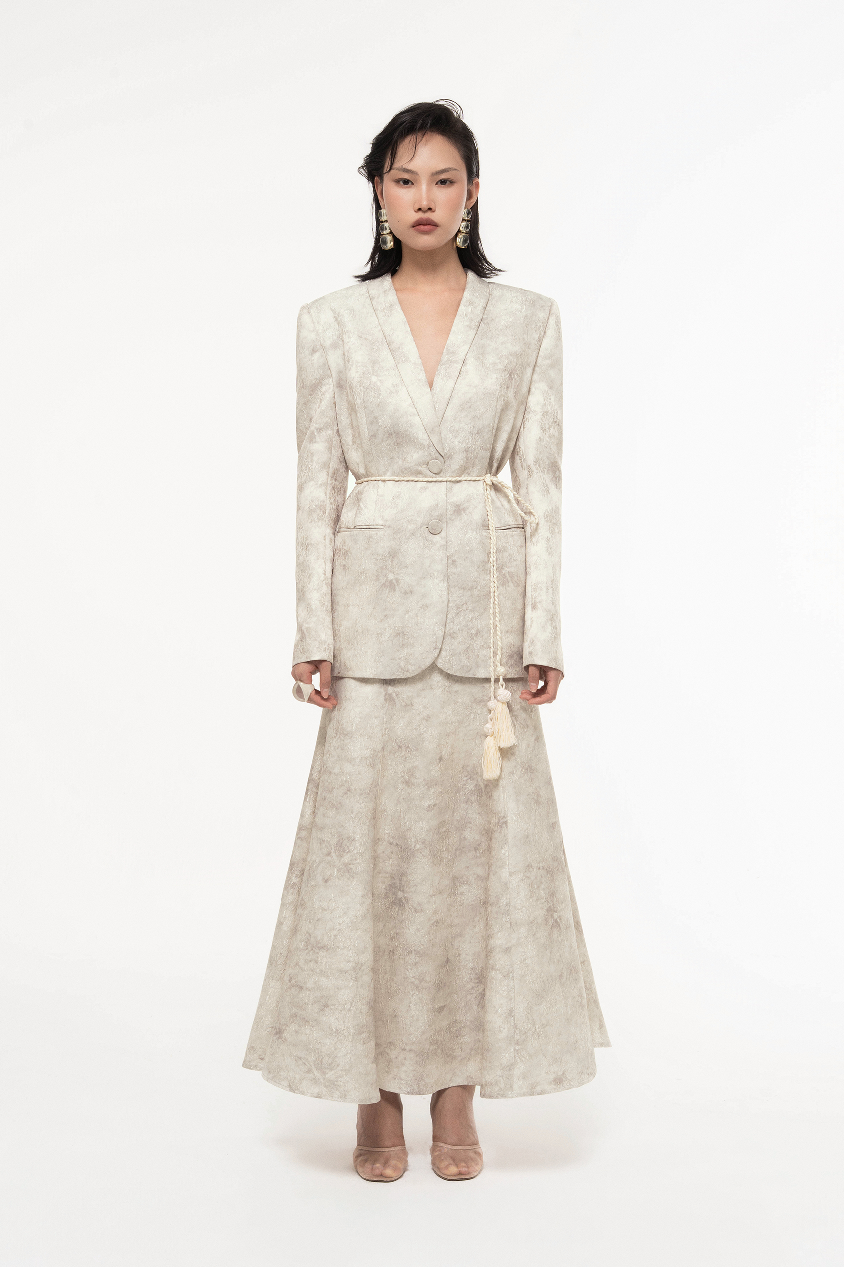 Brocade V-Neck Set (with Skirt)