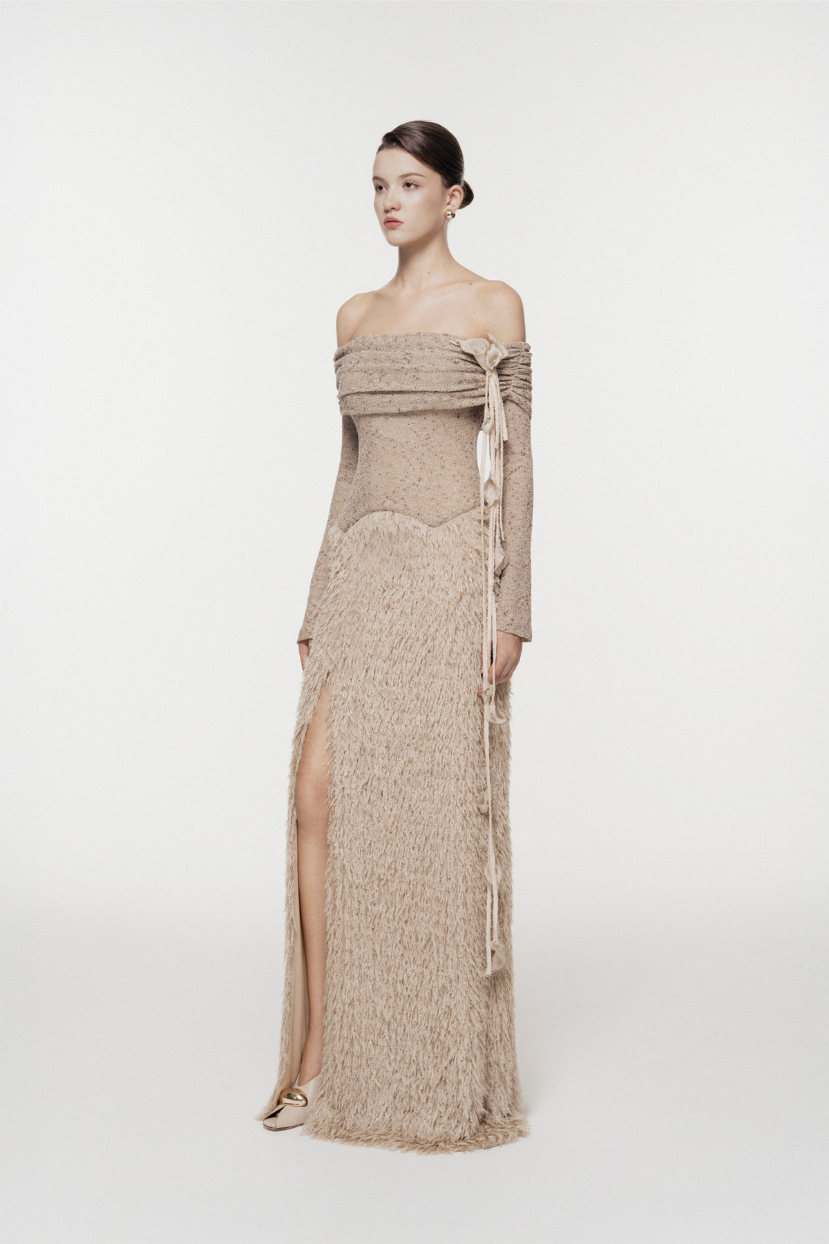 Feathered Off-Shoulder Midi Dress