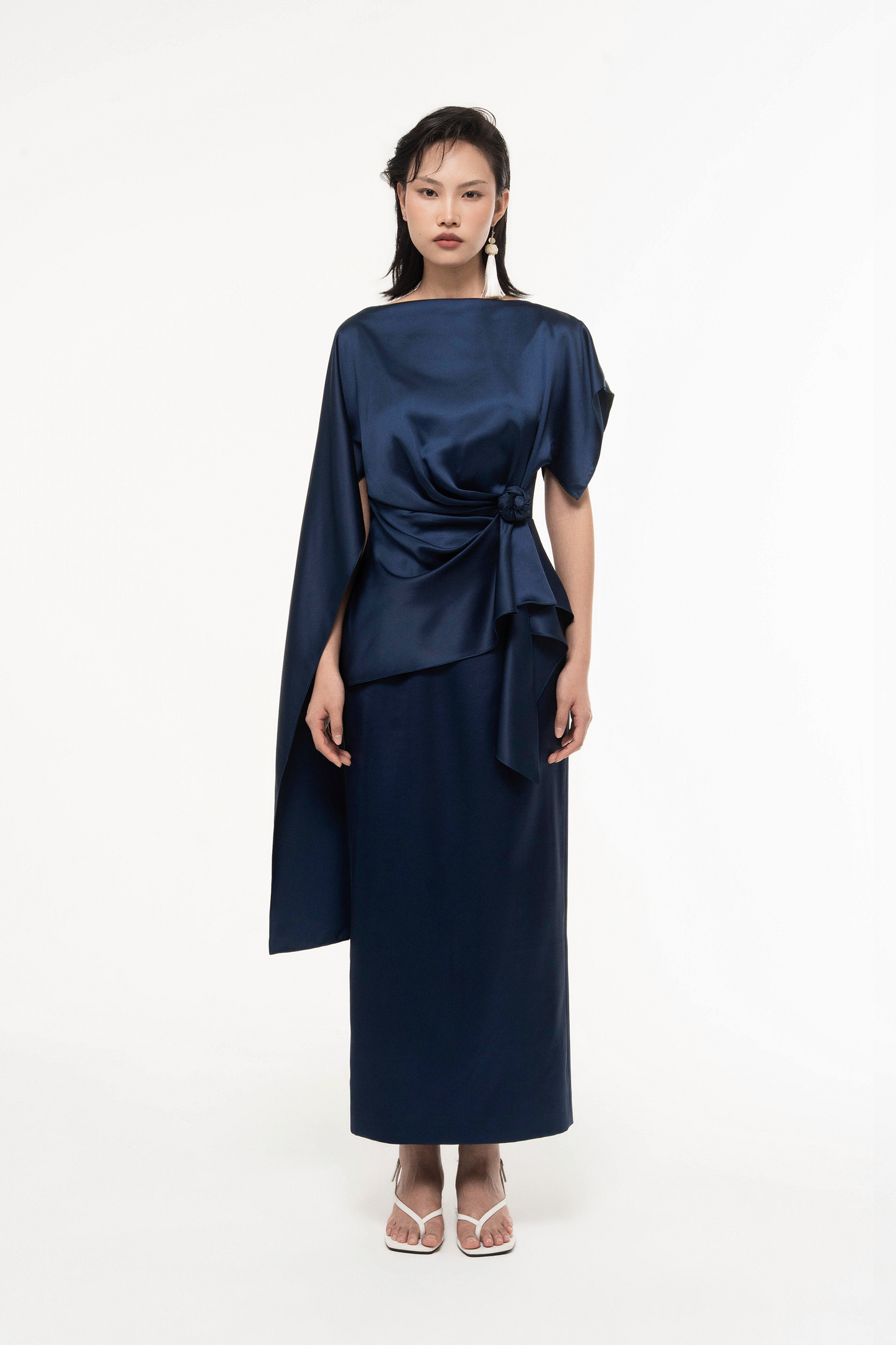 Silk Asymmetric Draped Pencil Dress in Gibraltar Sea