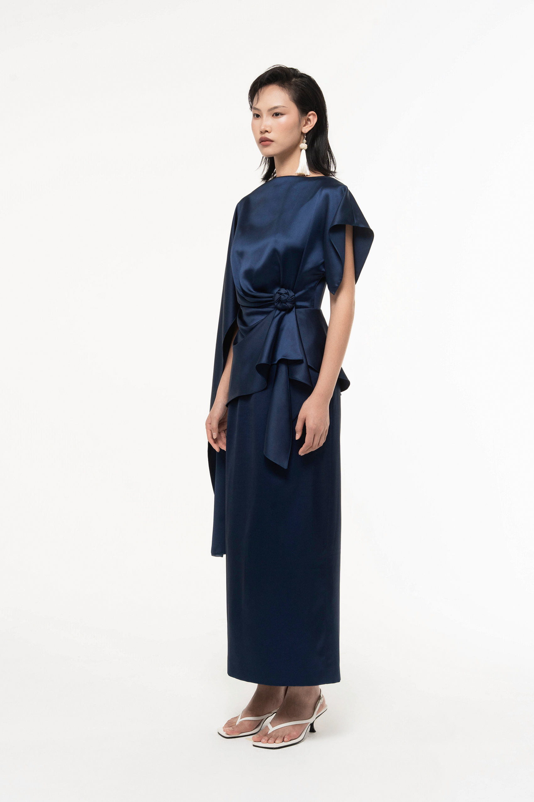 Silk Asymmetric Draped Pencil Dress in Gibraltar Sea