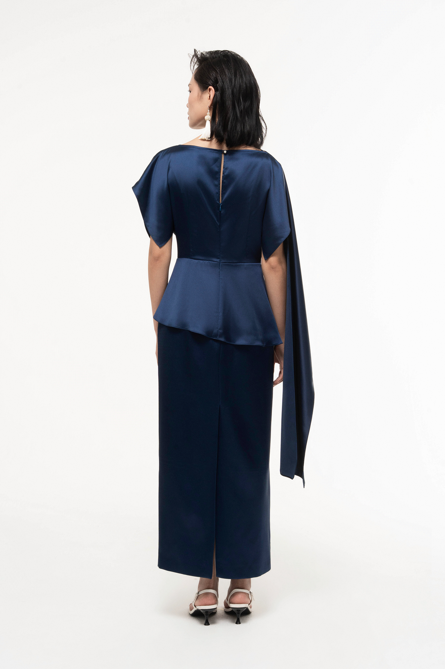Silk Asymmetric Draped Pencil Dress in Gibraltar Sea