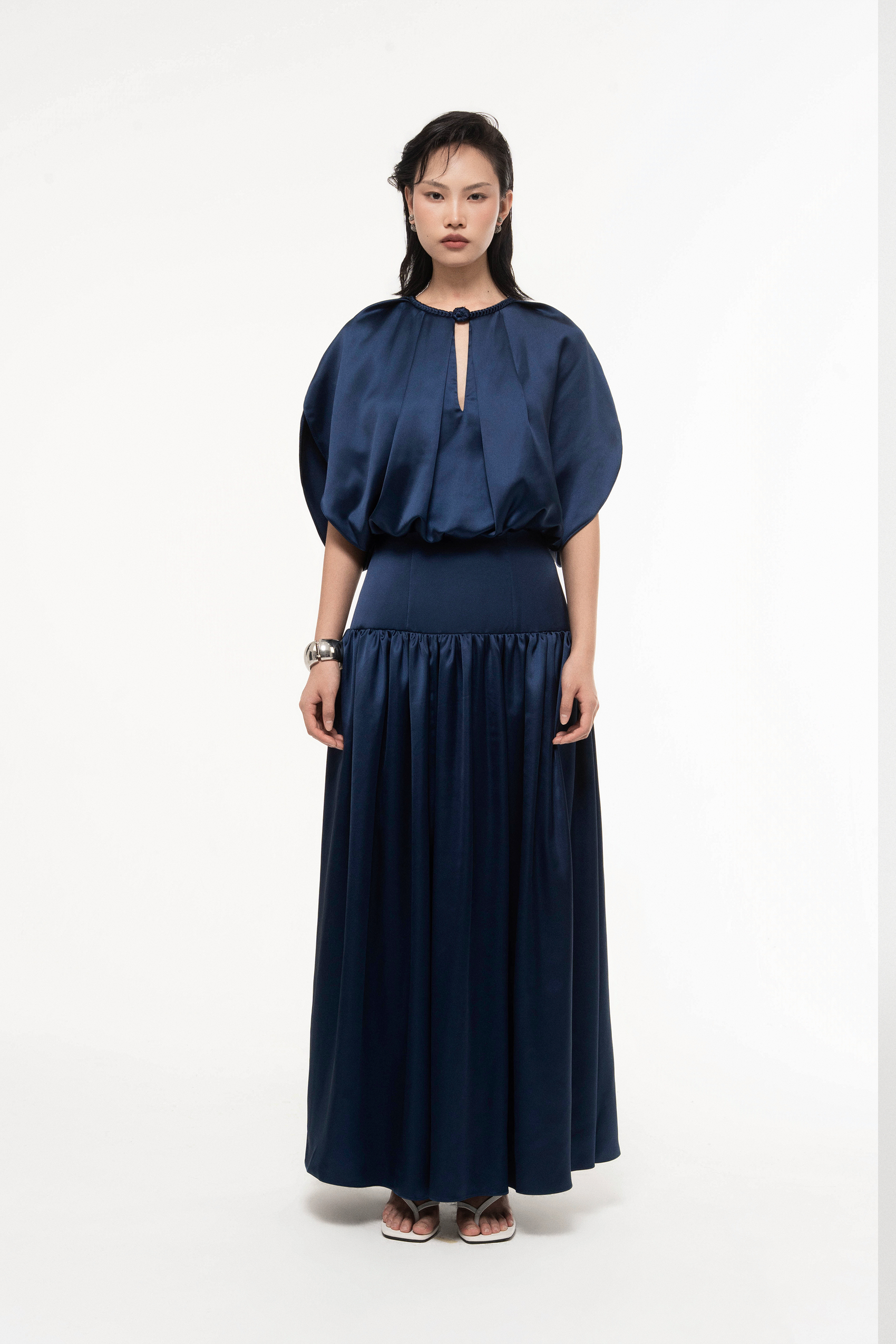Silk Cut-Out Midi Dress in Gibraltar Sea