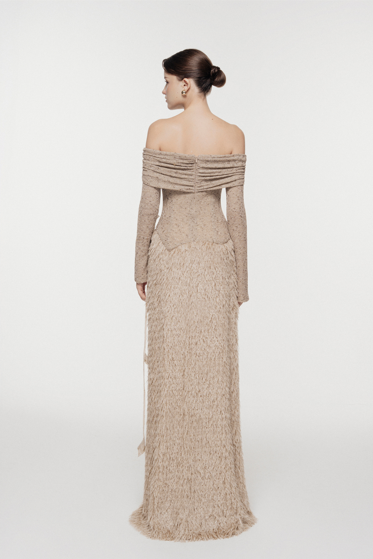 Feathered Off-Shoulder Midi Dress