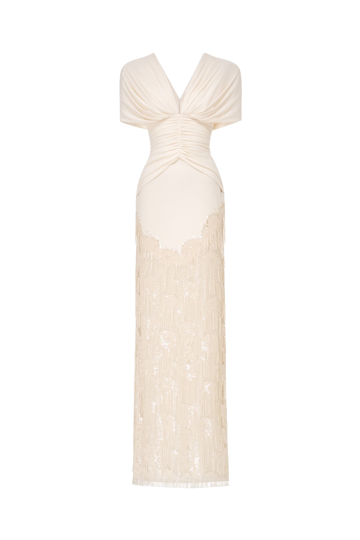 Deep V Fringe-Trimmed Long Dress