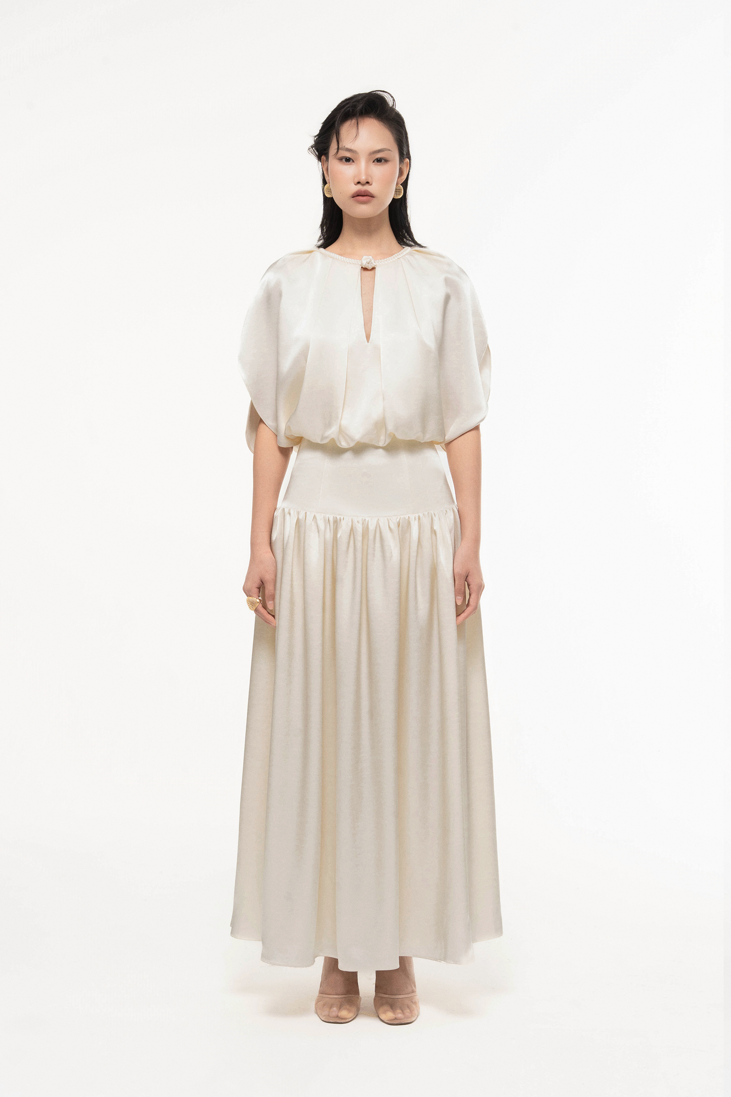 Silk Cut-Out Midi Dress in Light Cream