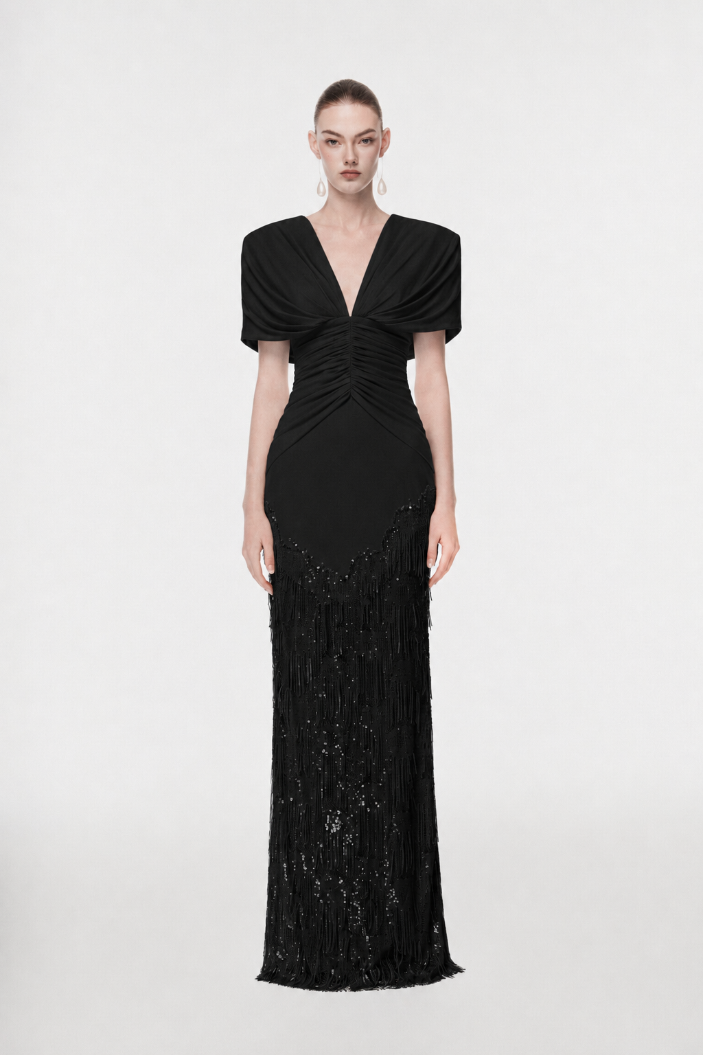 Deep V Fringe-Trimmed Long Dress