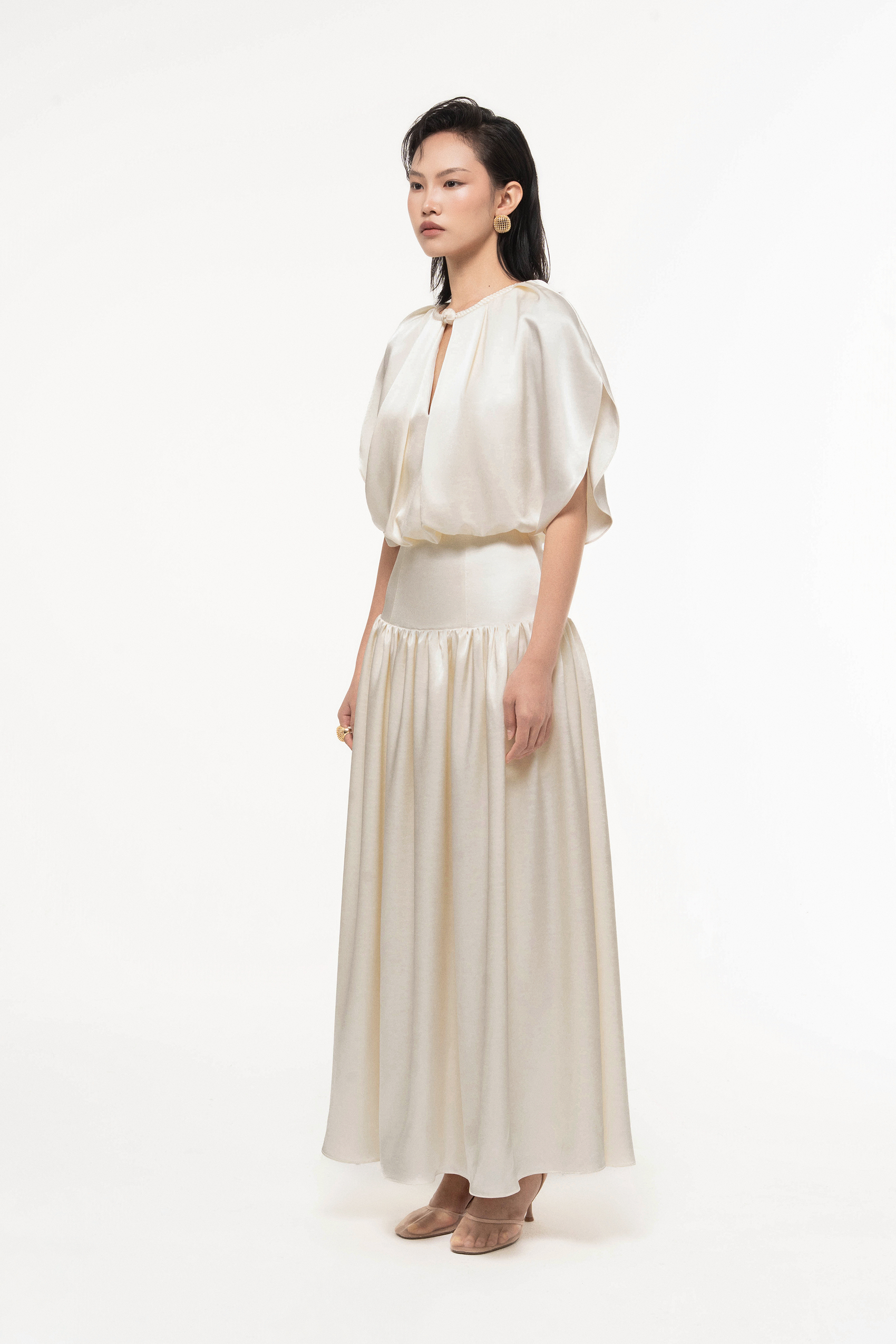 Silk Cut-Out Midi Dress in Light Cream