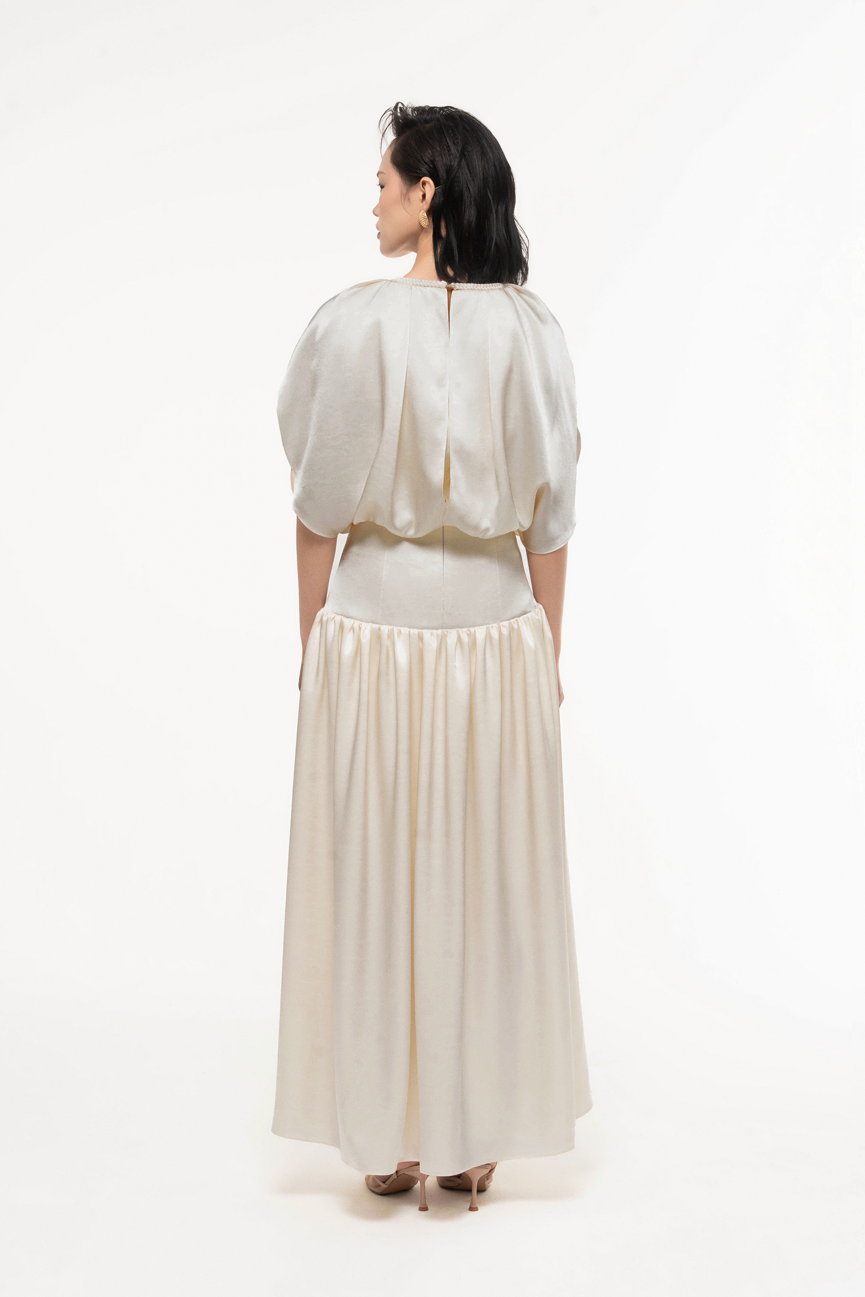 Silk Cut-Out Midi Dress in Light Cream
