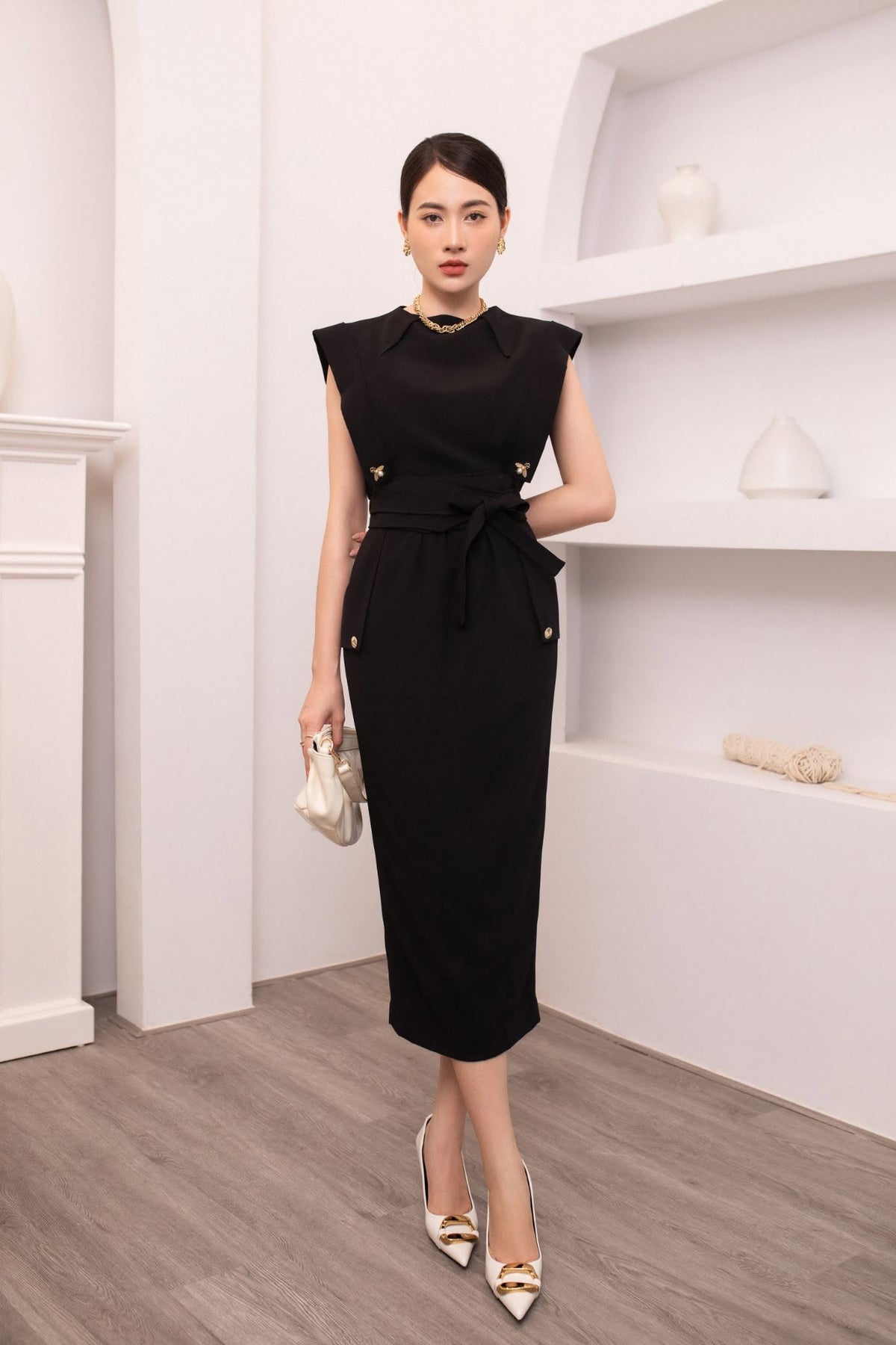 Harper Black Square Shoulder Pencil Dress