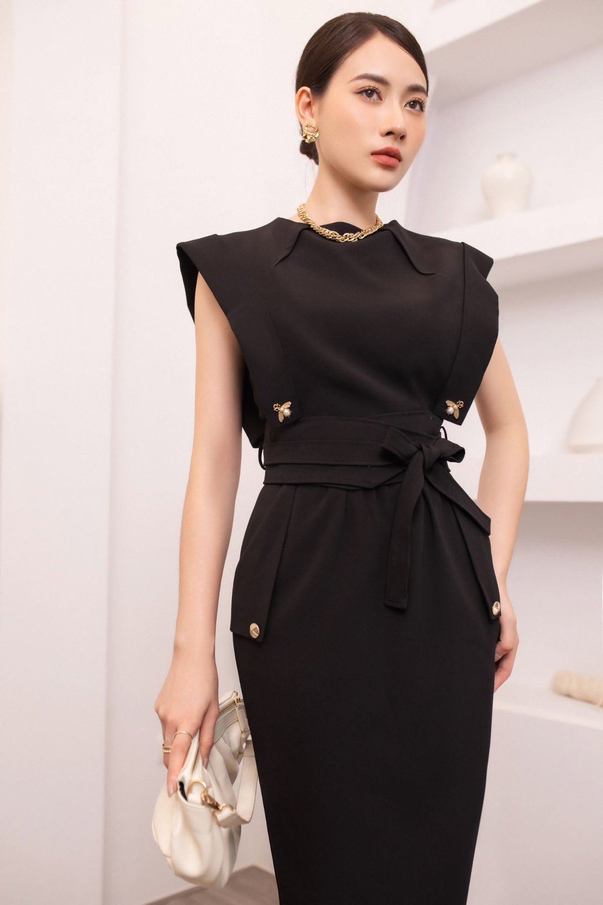 Harper Black Square Shoulder Pencil Dress