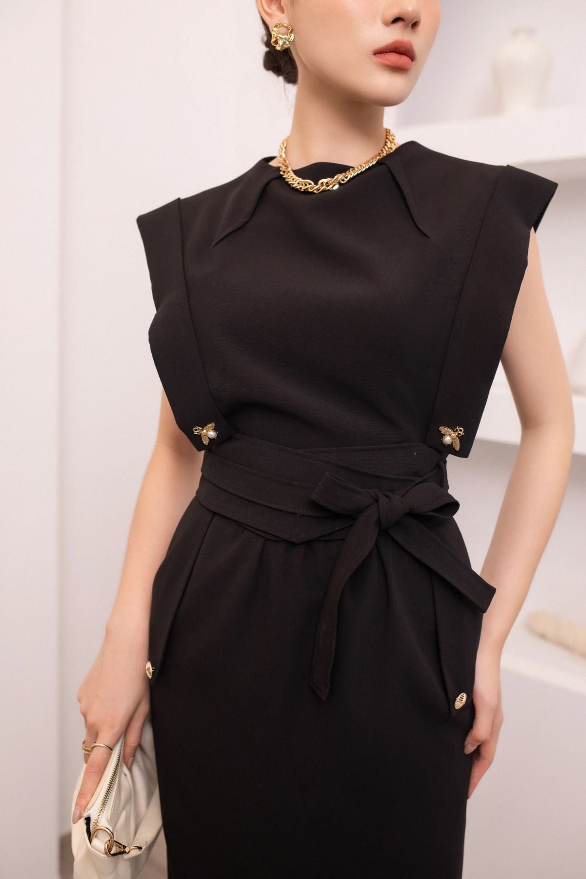 Harper Black Square Shoulder Pencil Dress