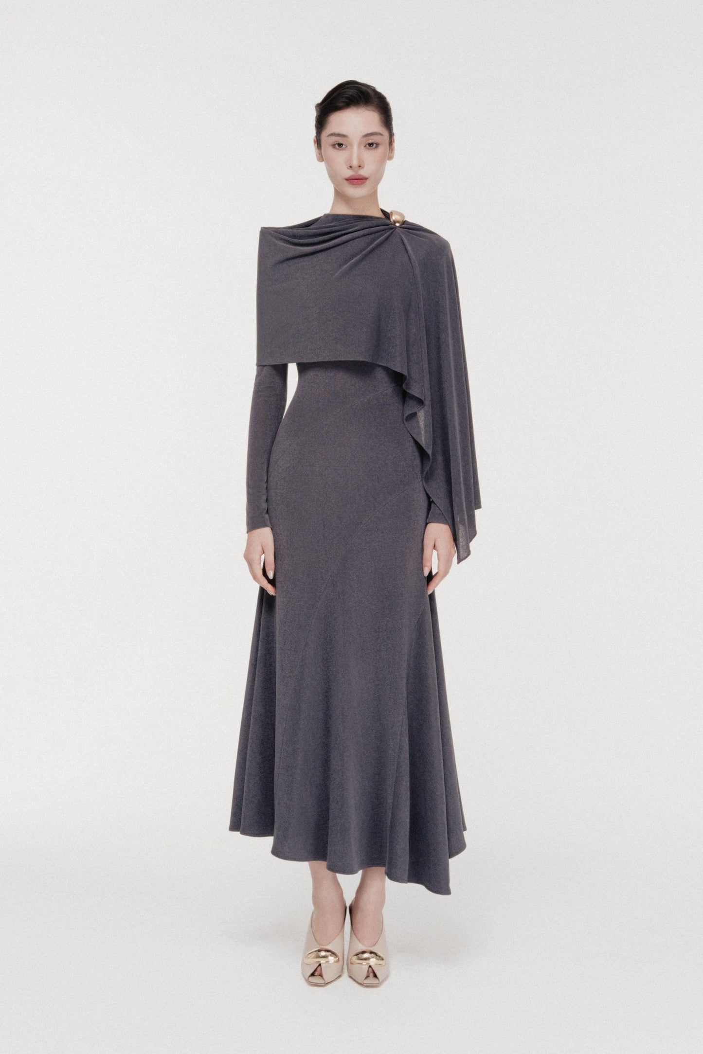 Sculpted High-Neck Fishtail Midi in Bezel image 0