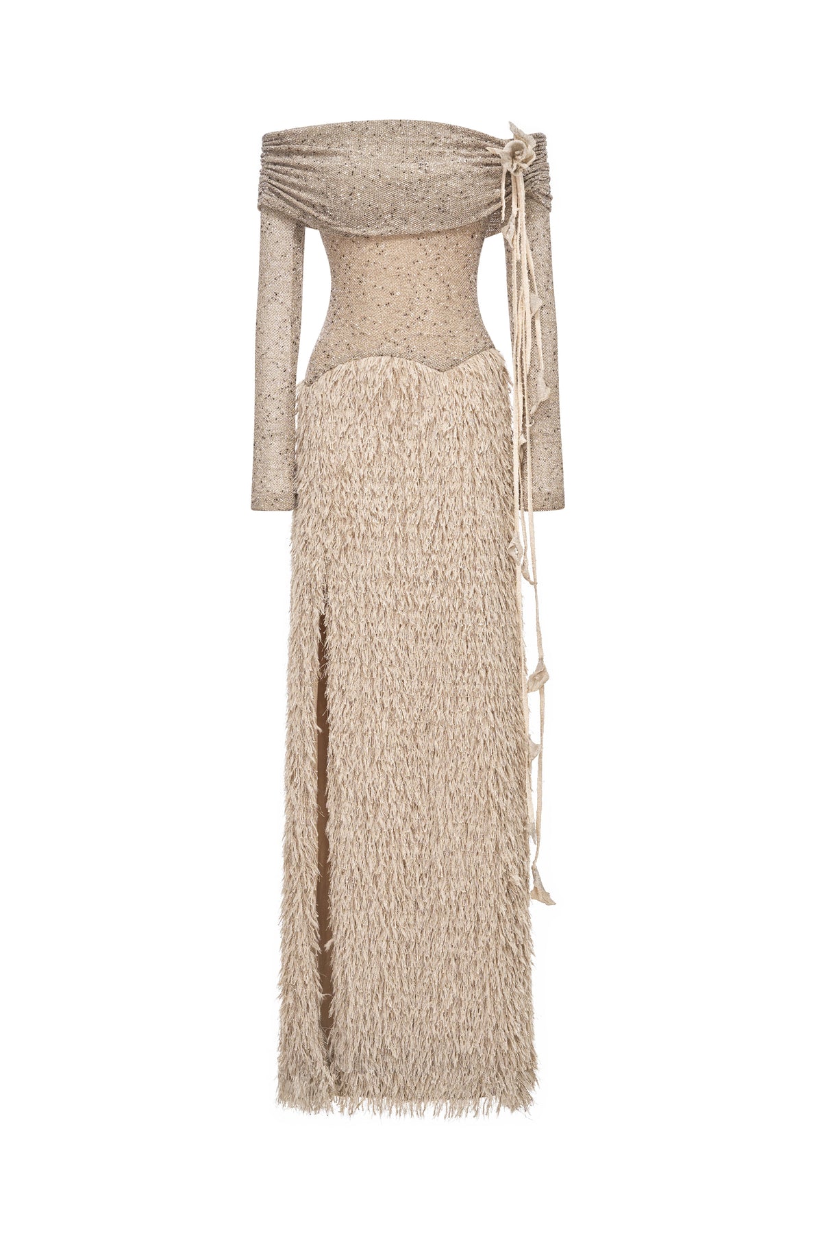 Feathered Off-Shoulder Midi Dress
