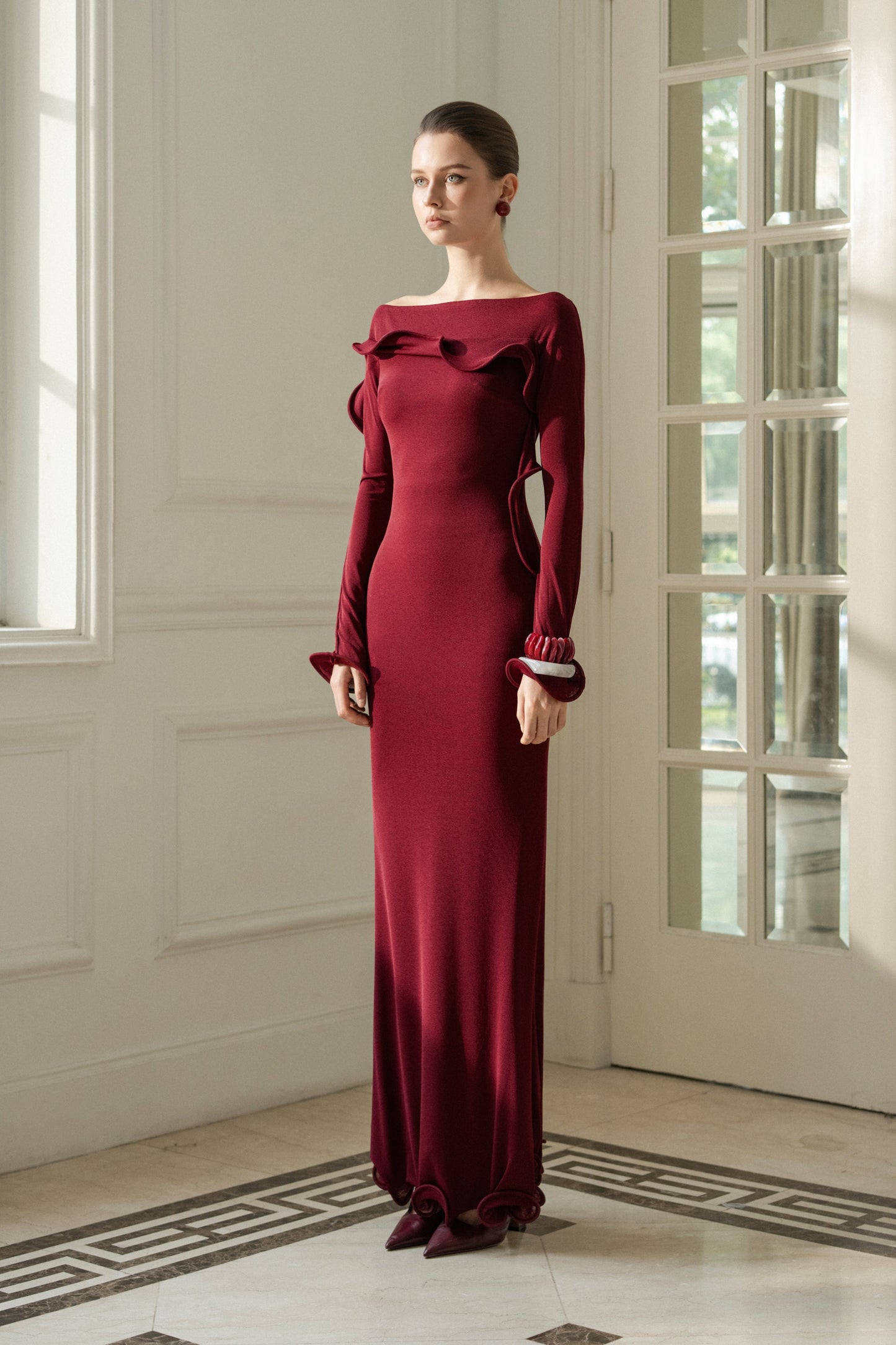 Cascade Ruffle Midi Dress in Red
