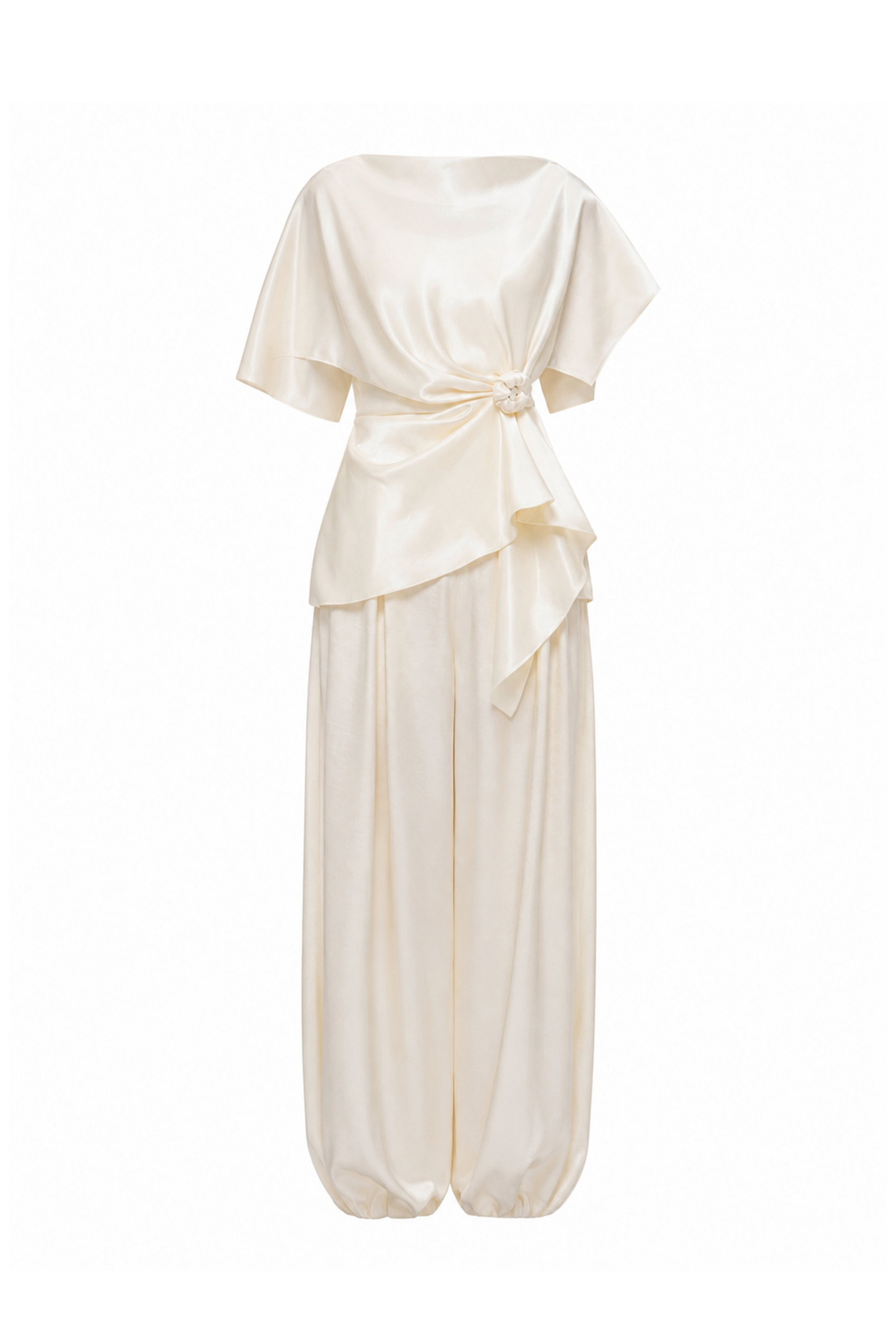 Silk Asymmetric Peplum Set in Light Cream
