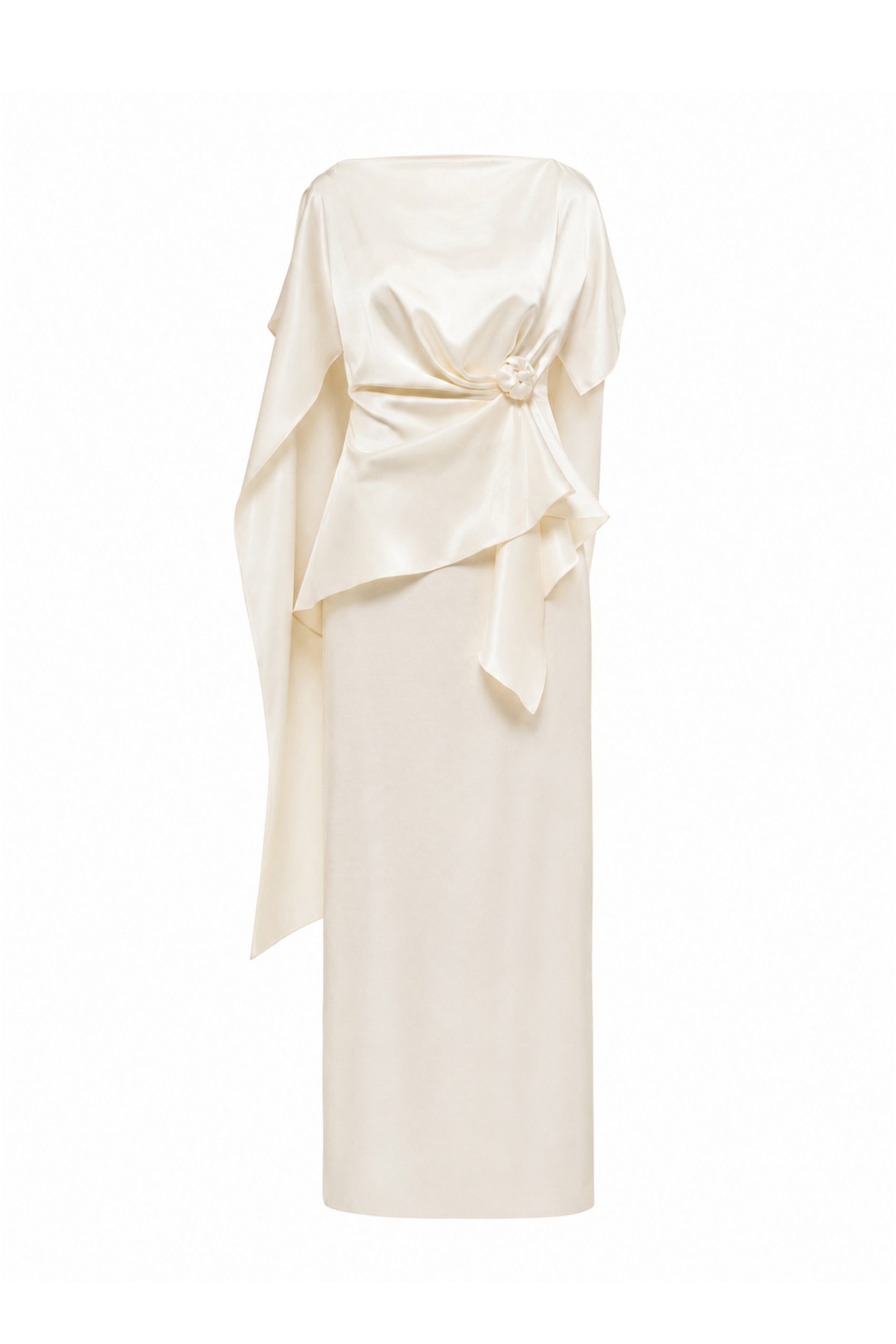 Silk Asymmetric Draped Pencil Dress in Light Cream