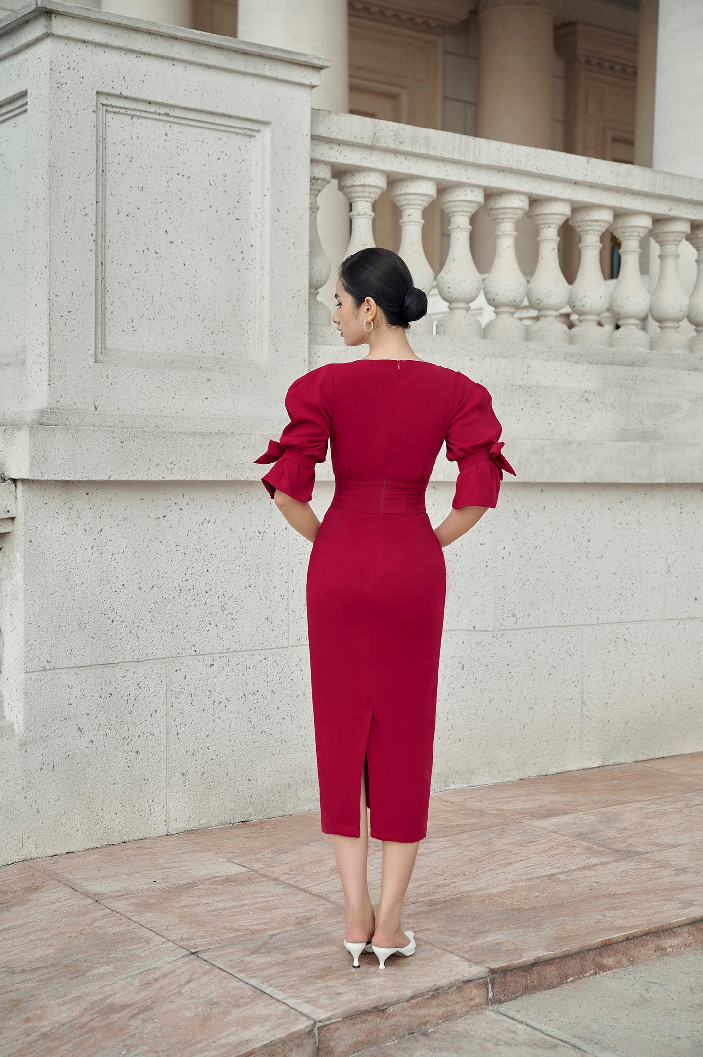 Jewel Red Velvvet Bell Sleeves Bow Tie Dress