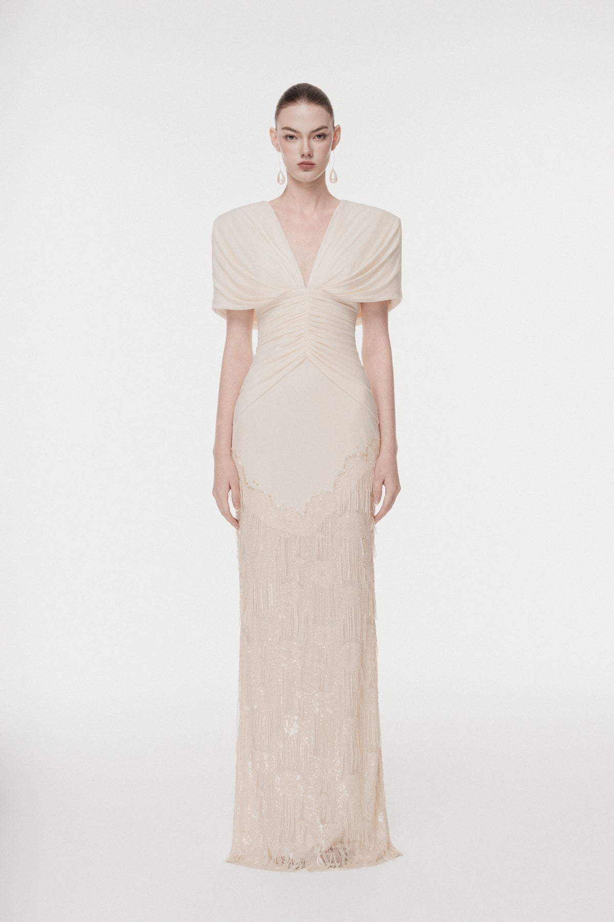 Deep V Fringe-Trimmed Long Dress
