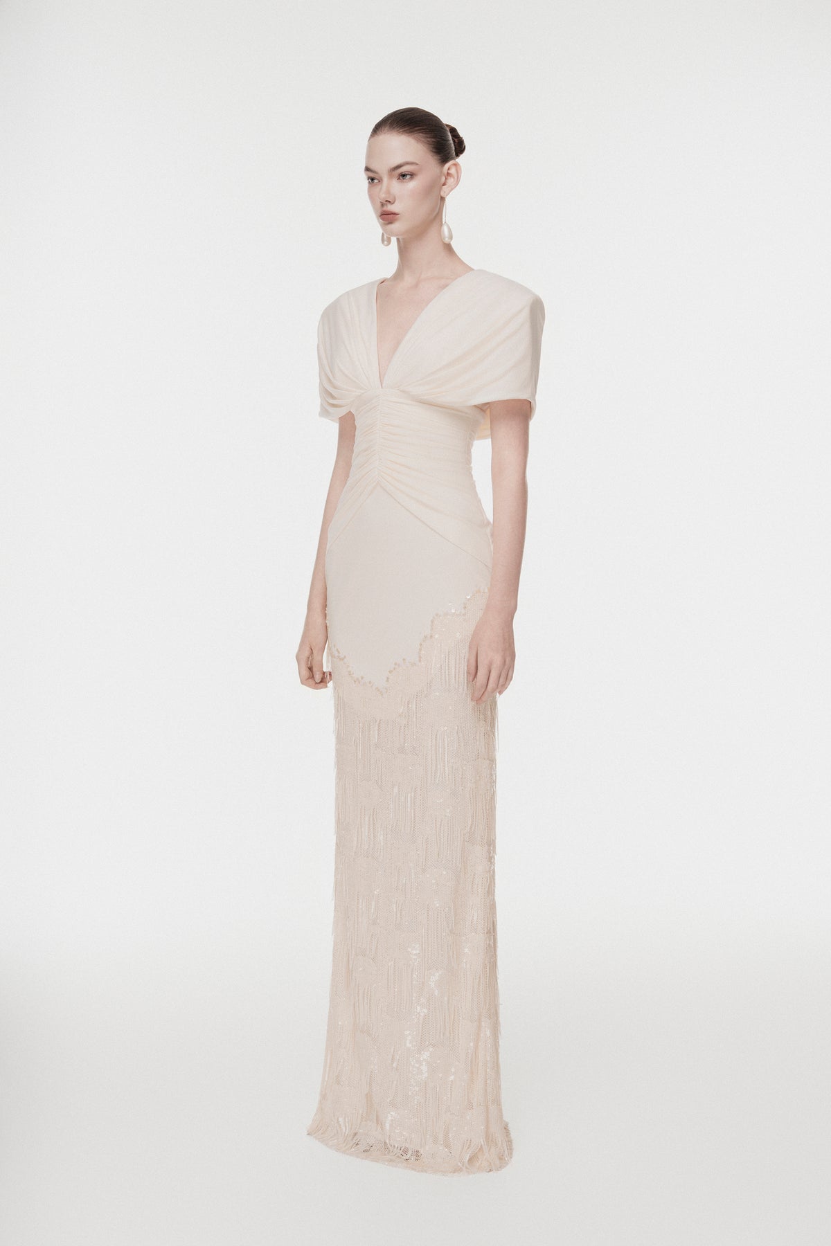 Deep V Fringe-Trimmed Long Dress