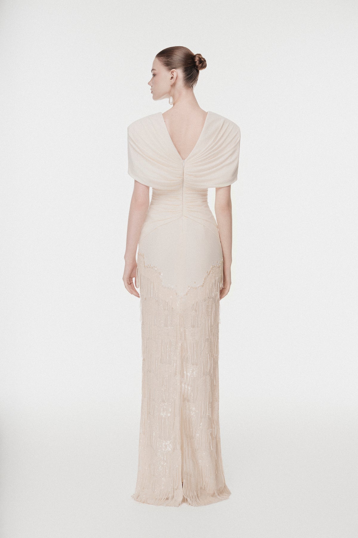 Deep V Fringe-Trimmed Long Dress