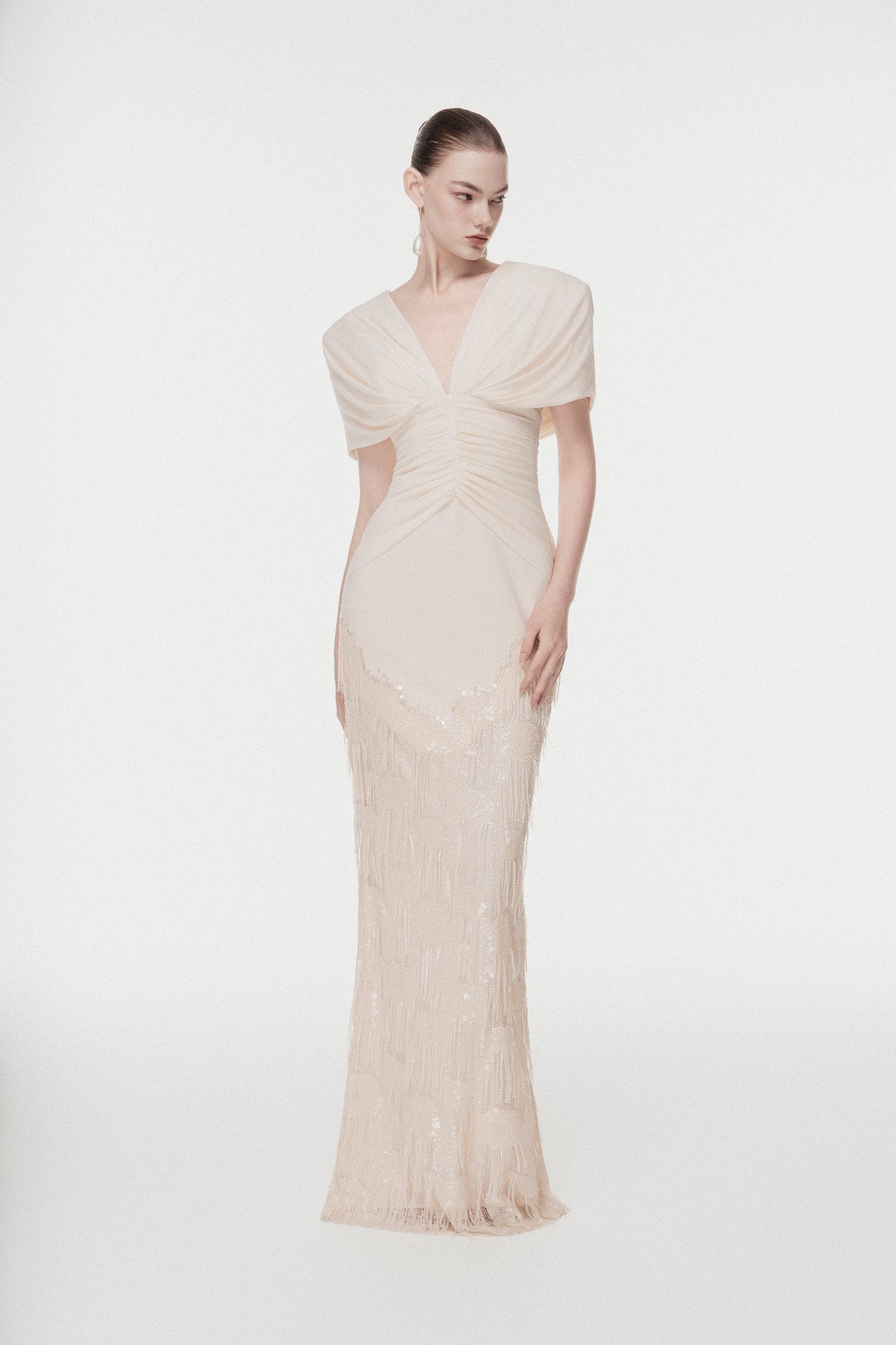 Deep V Fringe-Trimmed Long Dress
