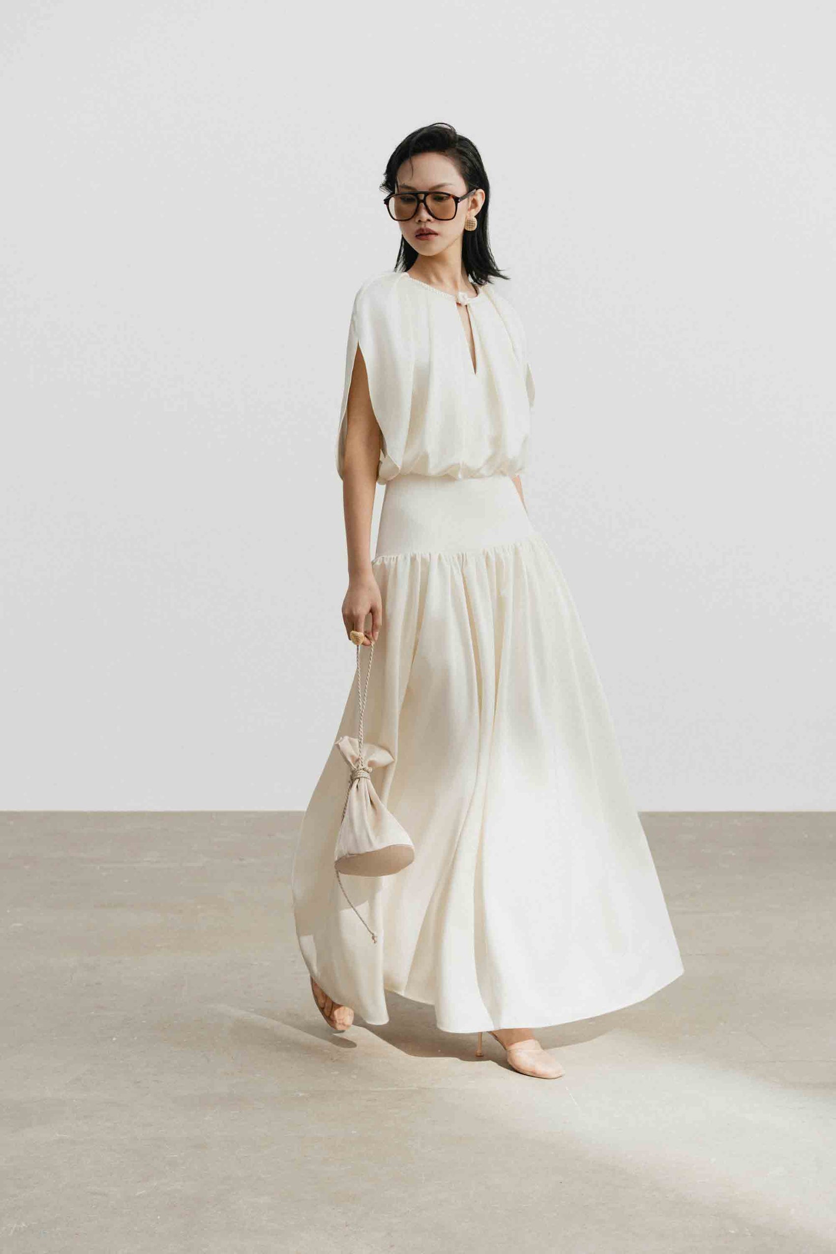 Silk Cut-Out Midi Dress in Light Cream