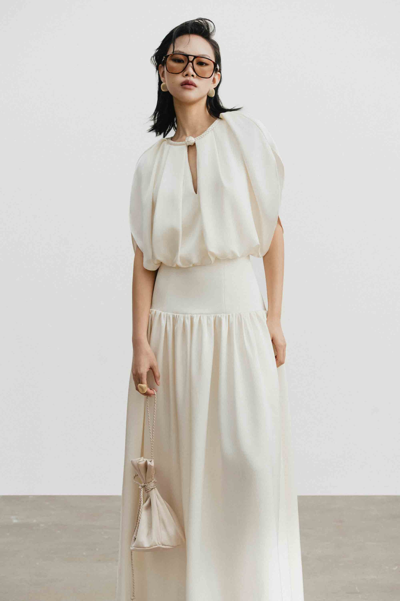 Silk Cut-Out Midi Dress in Light Cream