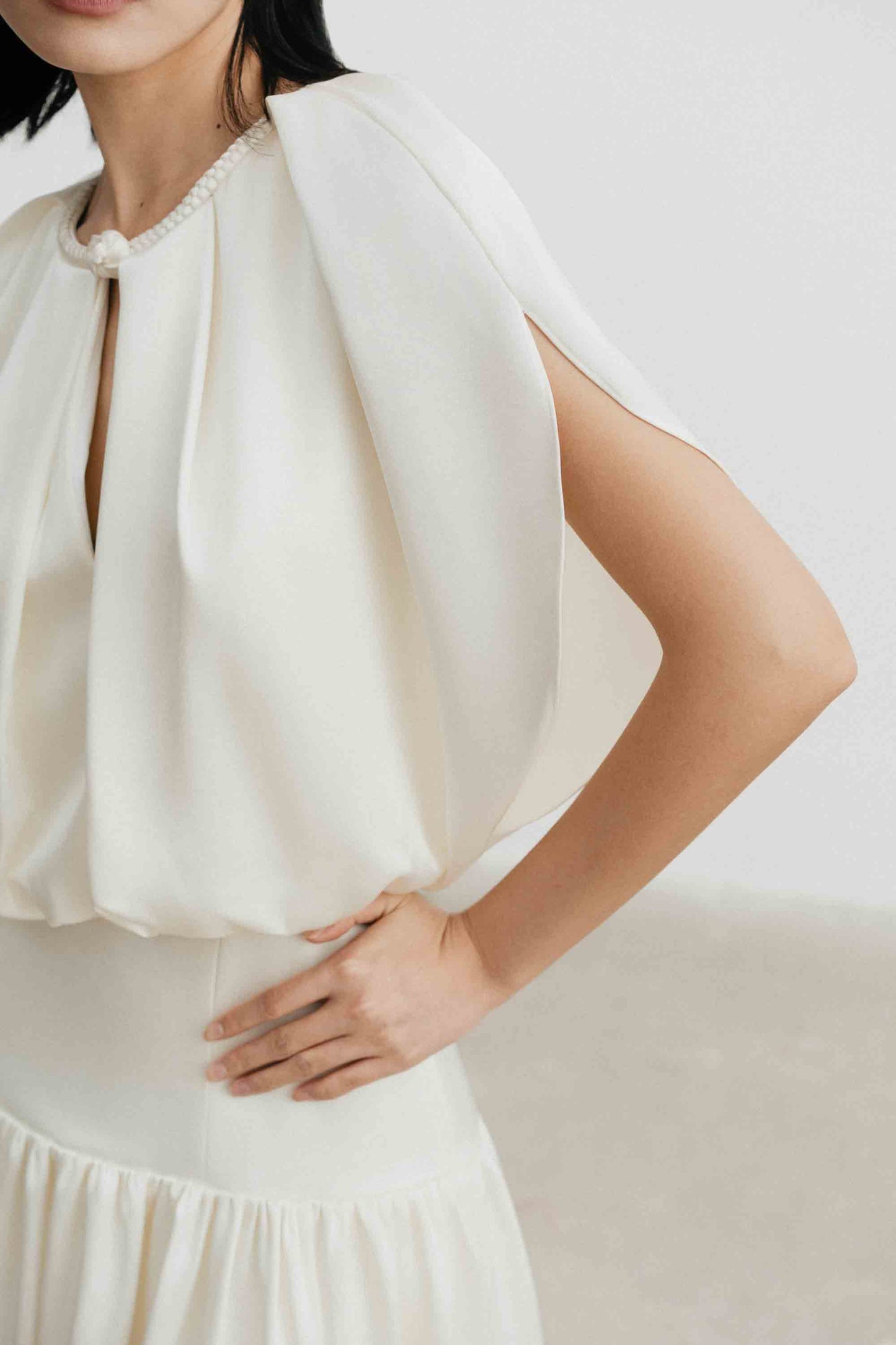 Silk Cut-Out Midi Dress in Light Cream