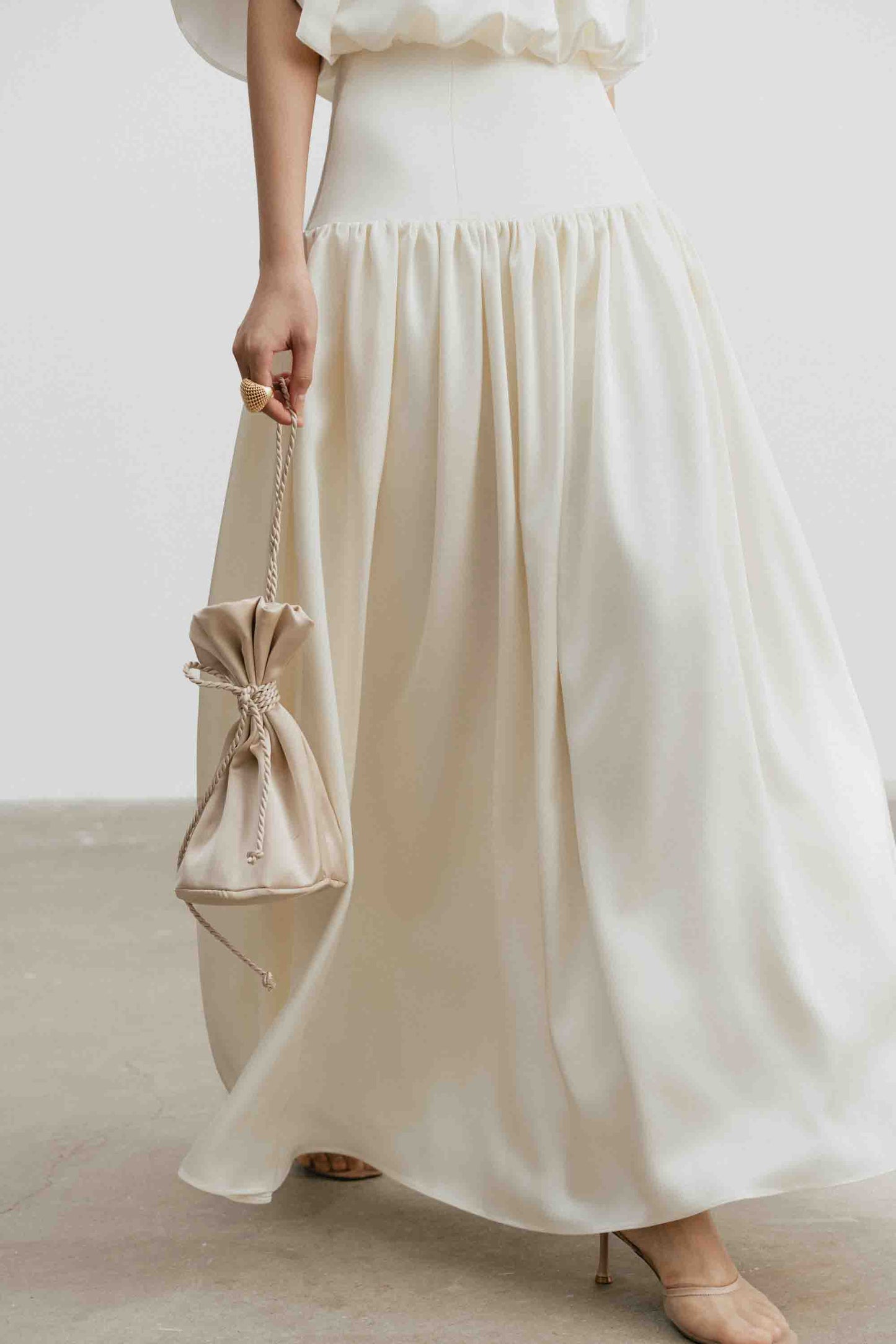 Silk Cut-Out Midi Dress in Light Cream