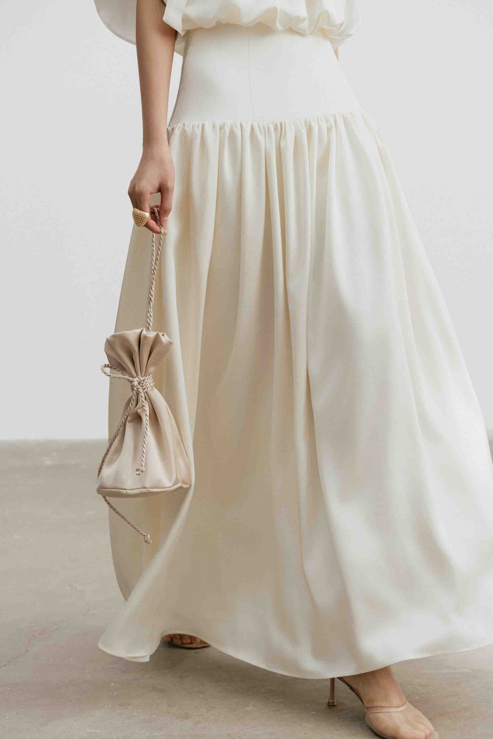 Silk Cut-Out Midi Dress in Light Cream