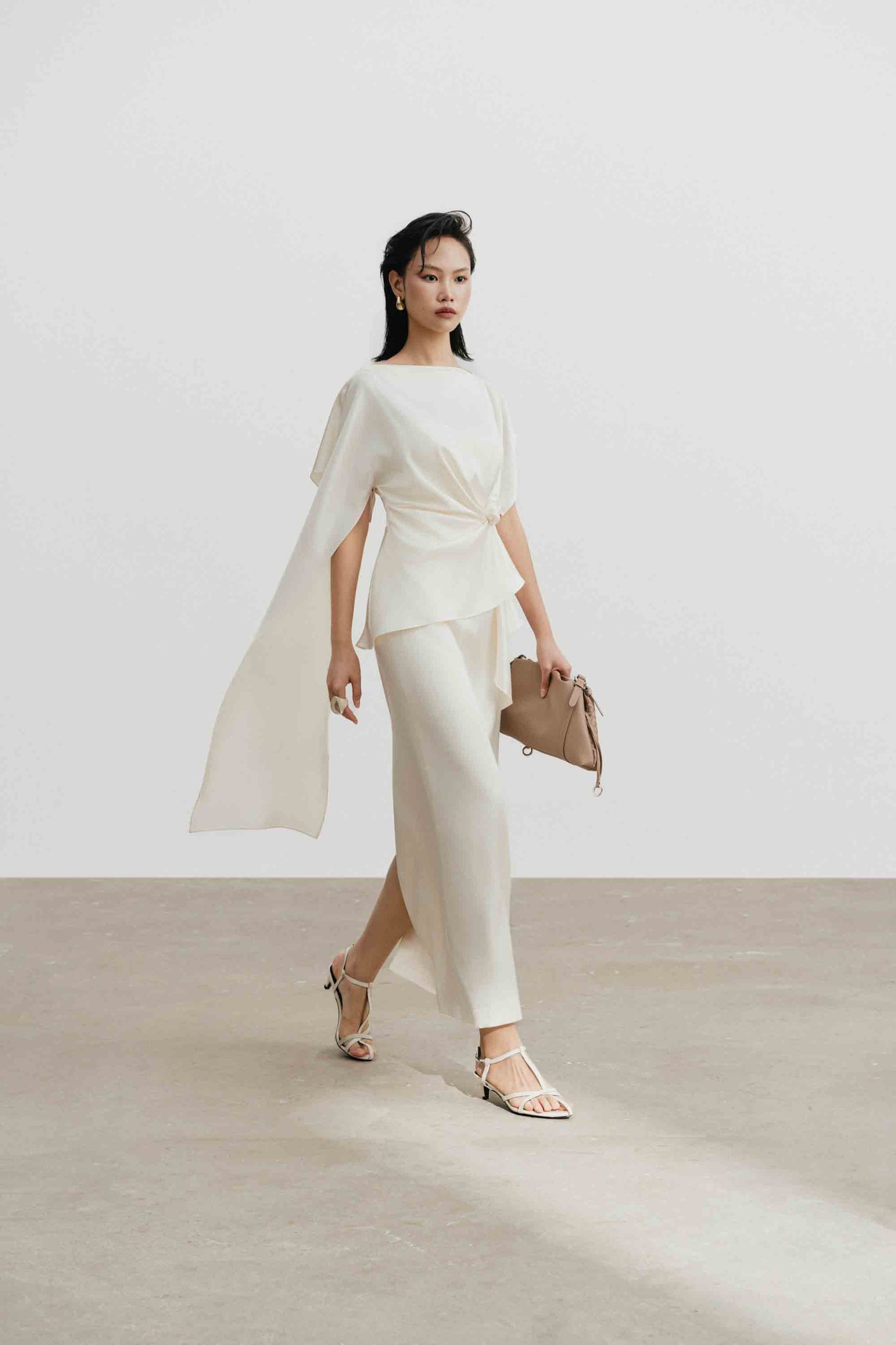 Silk Asymmetric Draped Pencil Dress in Light Cream
