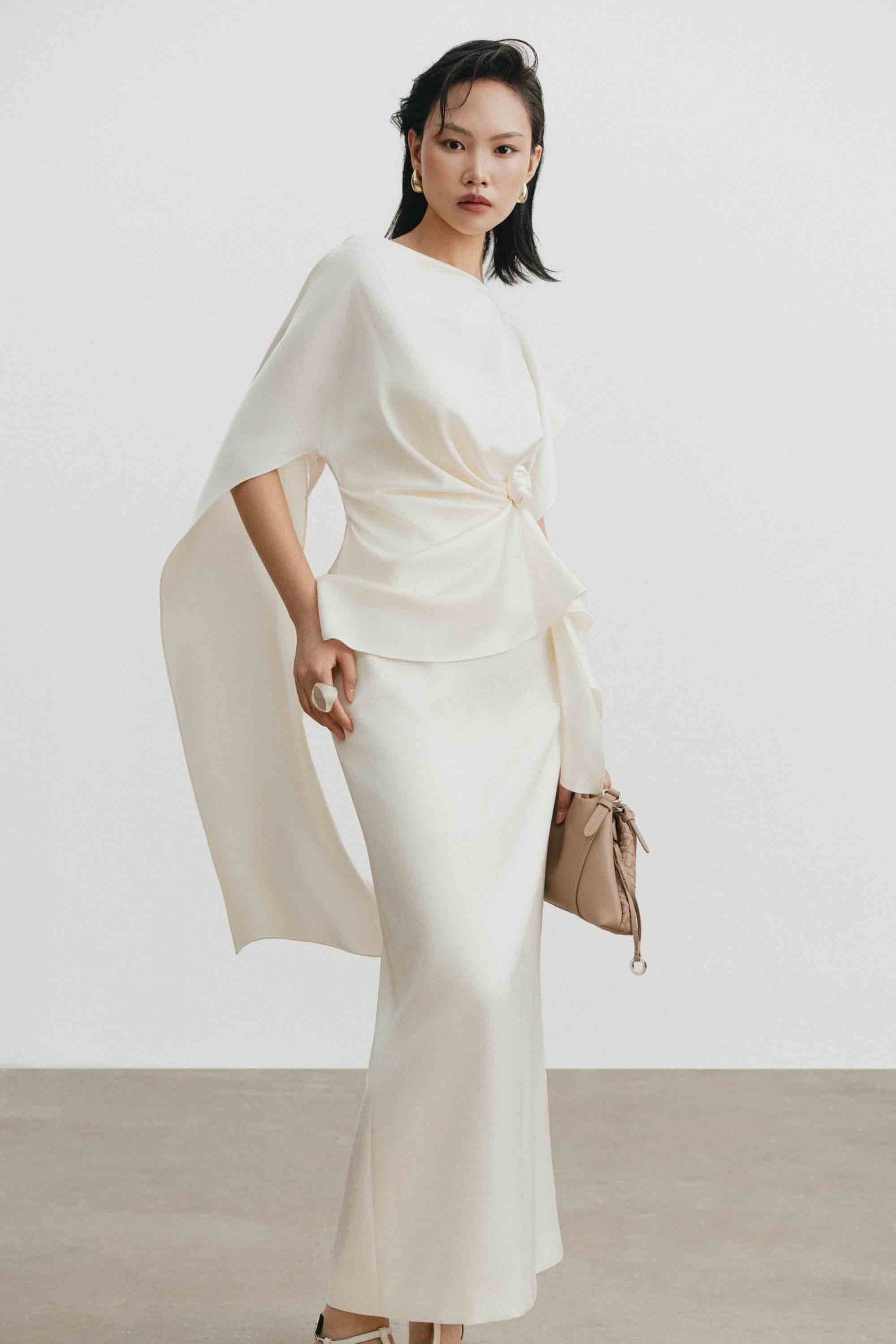 Silk Asymmetric Draped Pencil Dress in Light Cream
