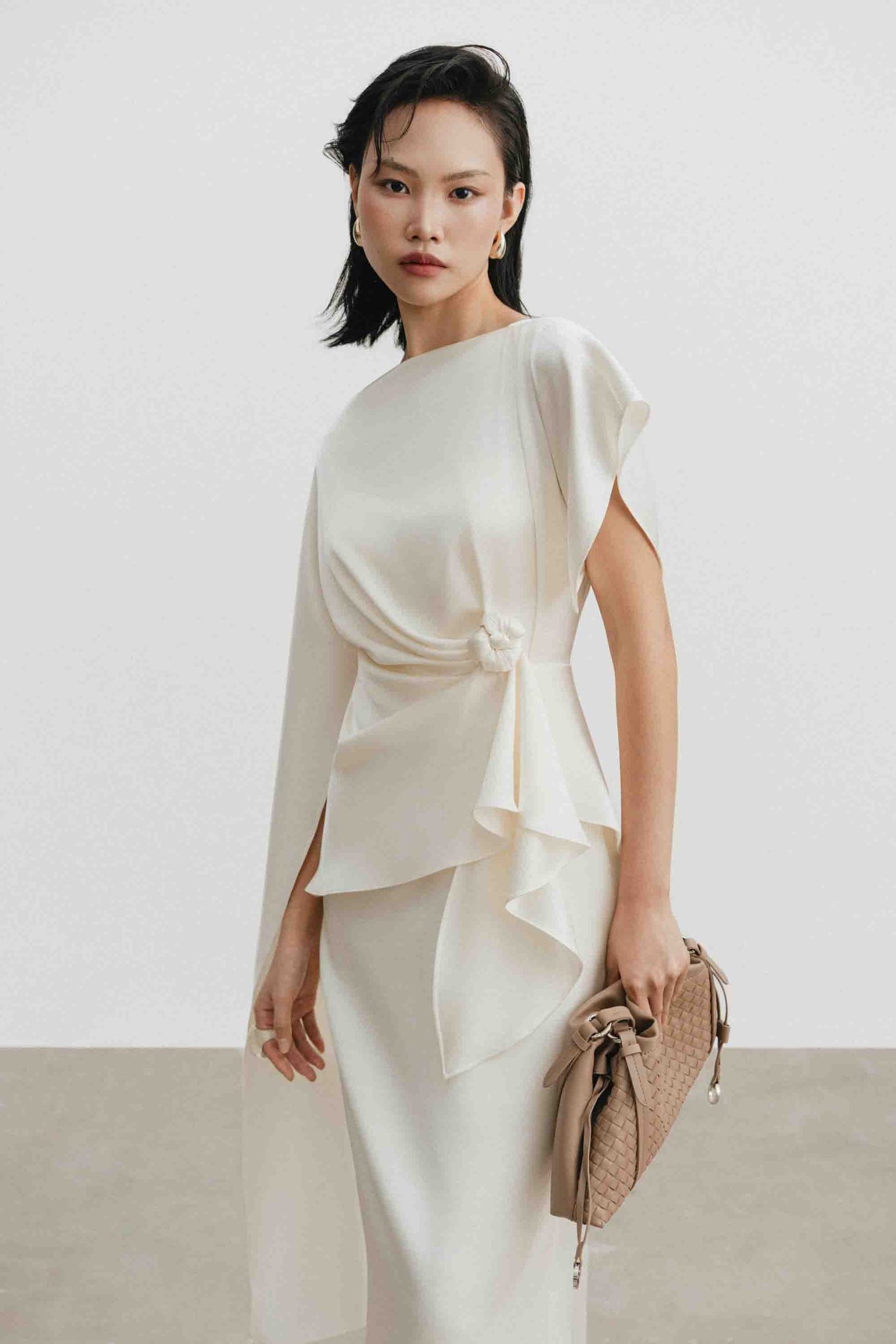 Silk Asymmetric Draped Pencil Dress in Light Cream