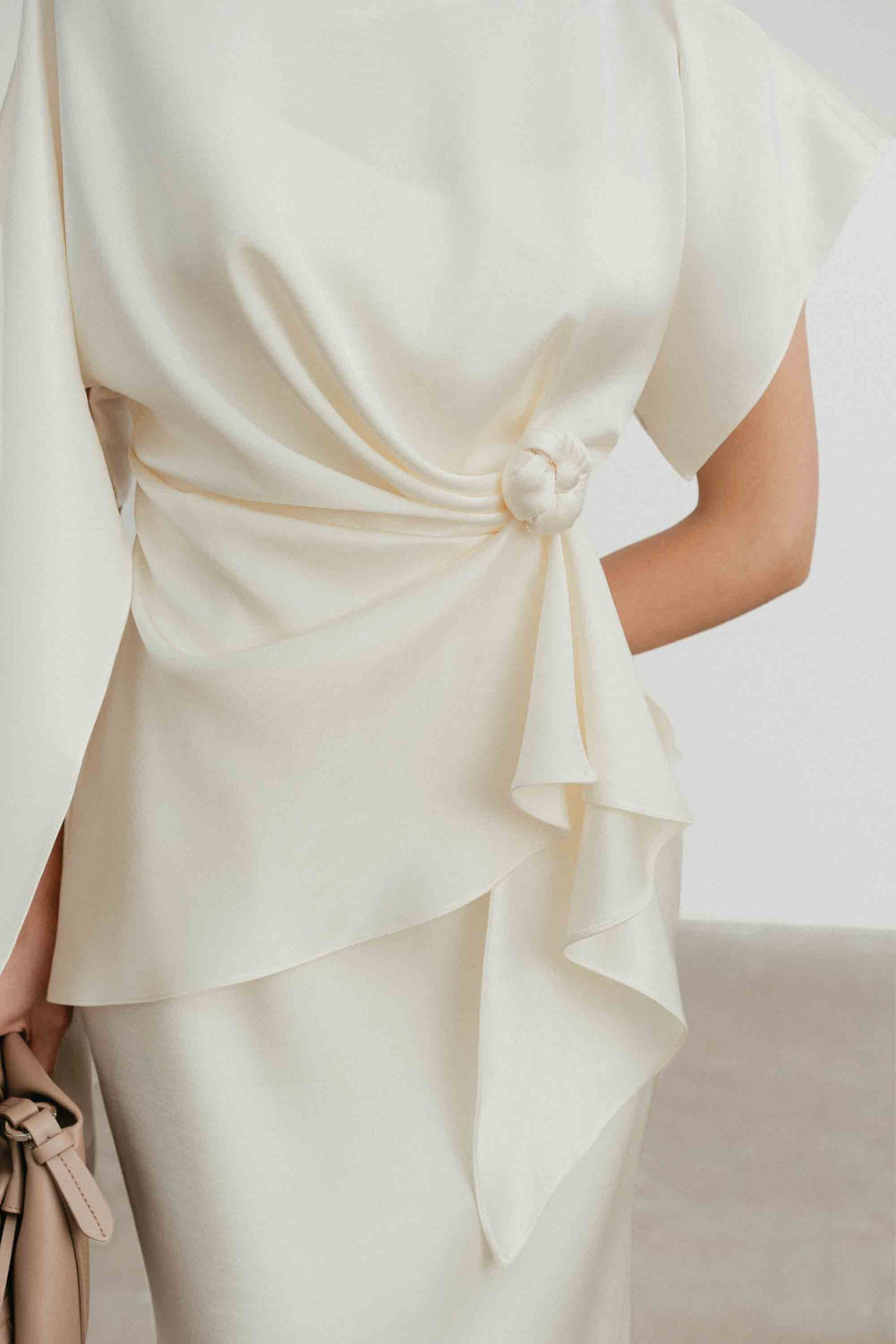 Silk Asymmetric Draped Pencil Dress in Light Cream
