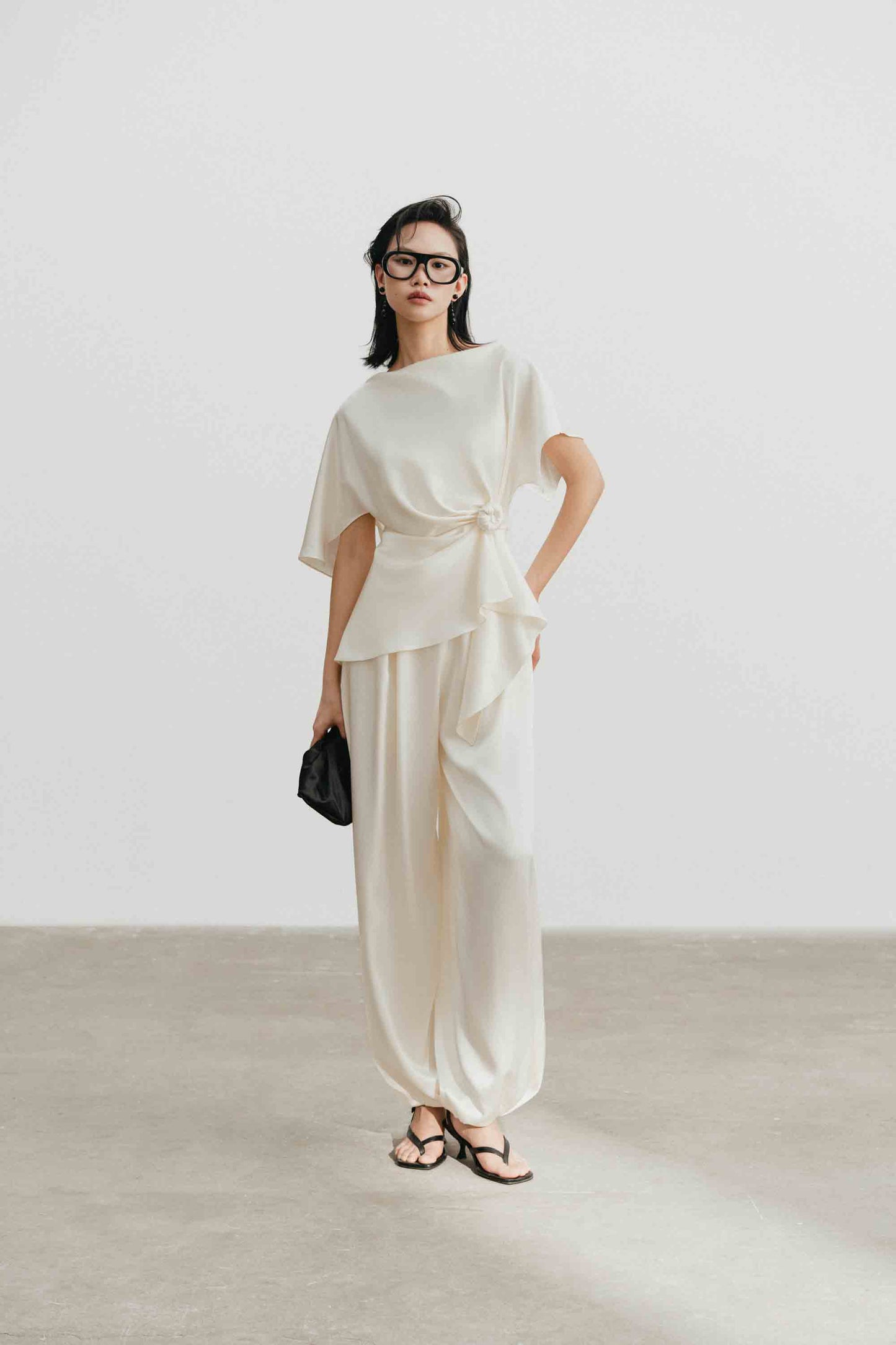 Silk Asymmetric Peplum Set in Light Cream