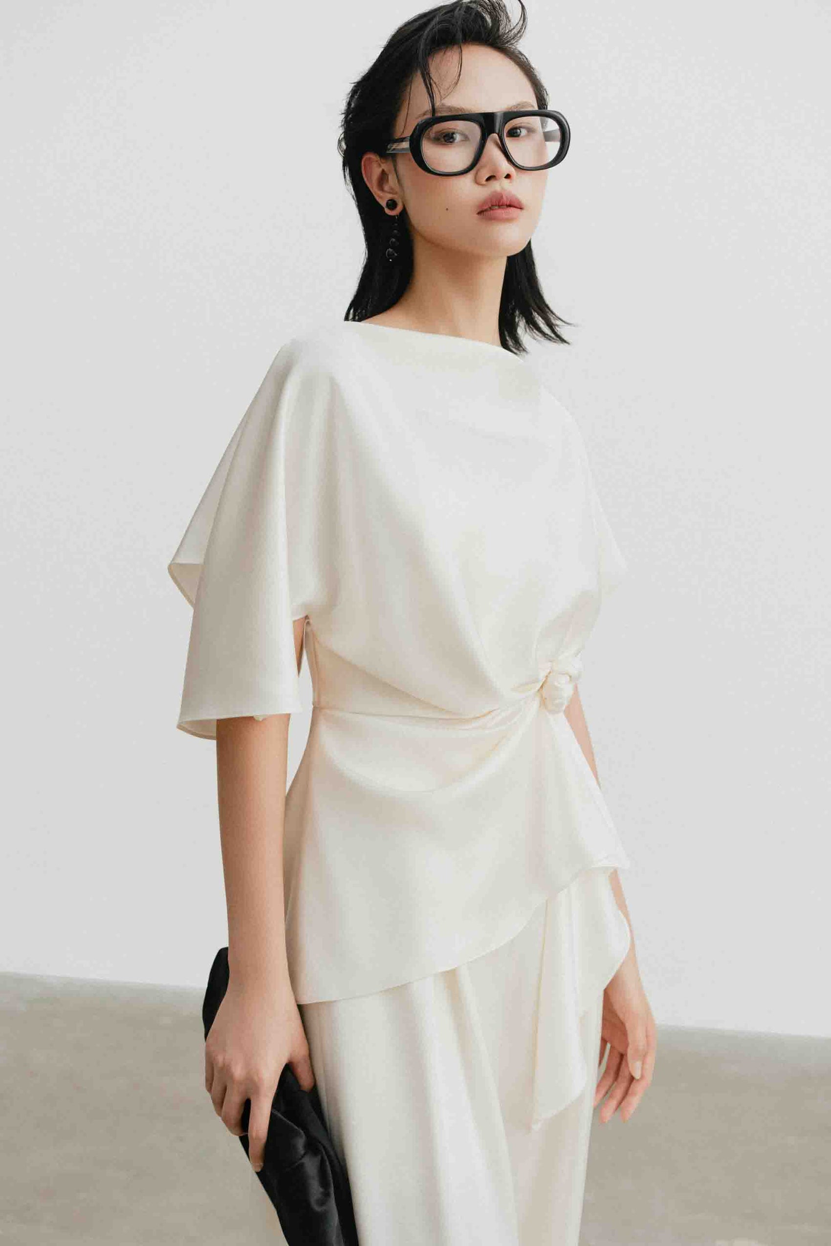 Silk Asymmetric Peplum Set in Light Cream