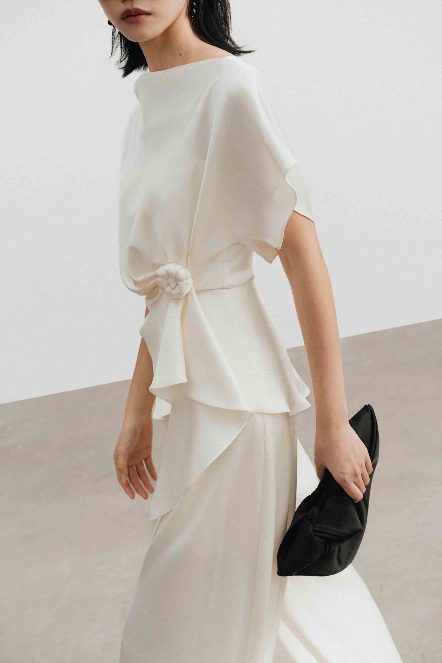 Silk Asymmetric Peplum Set in Light Cream