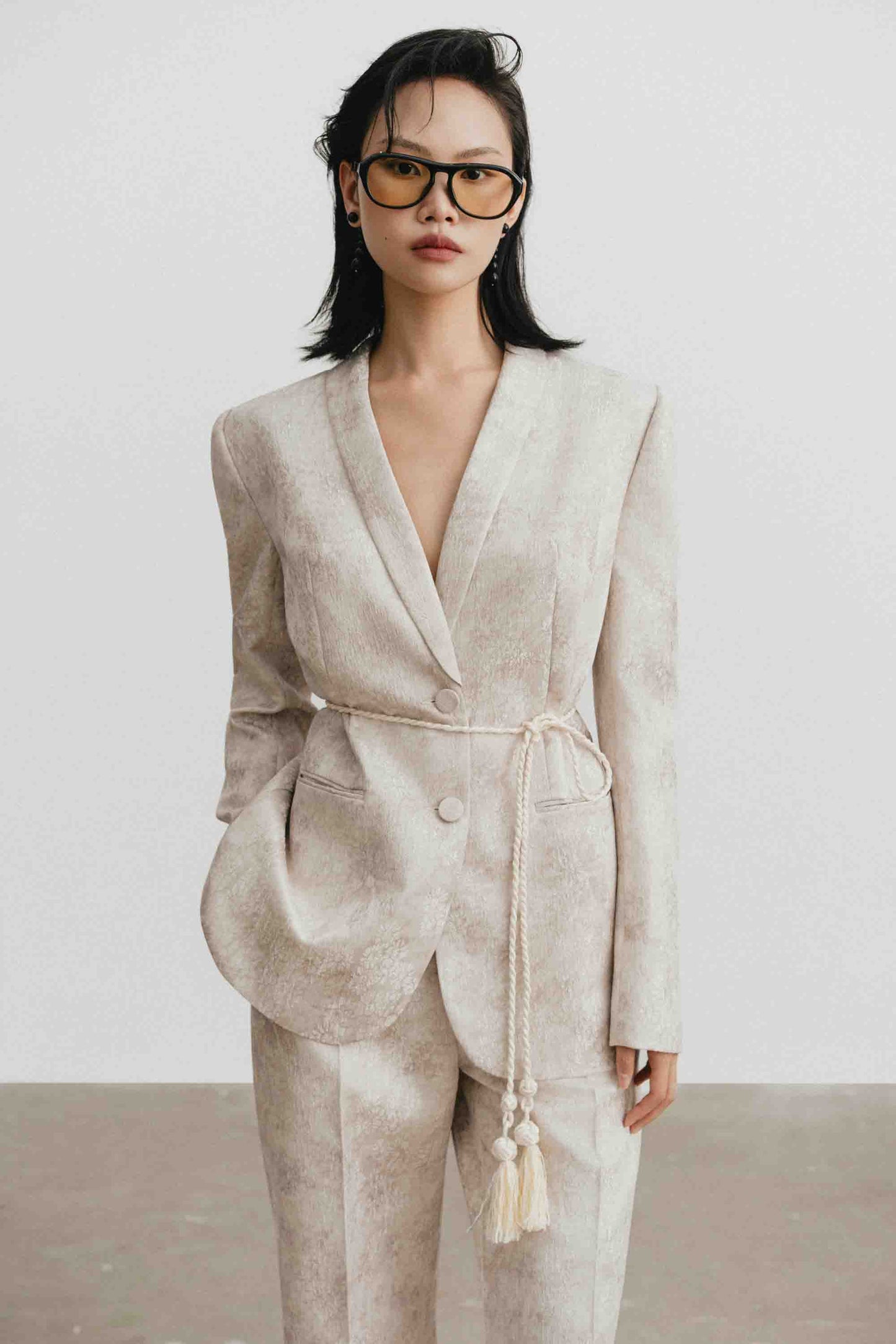 Brocade V-Neck Set (with Pants)