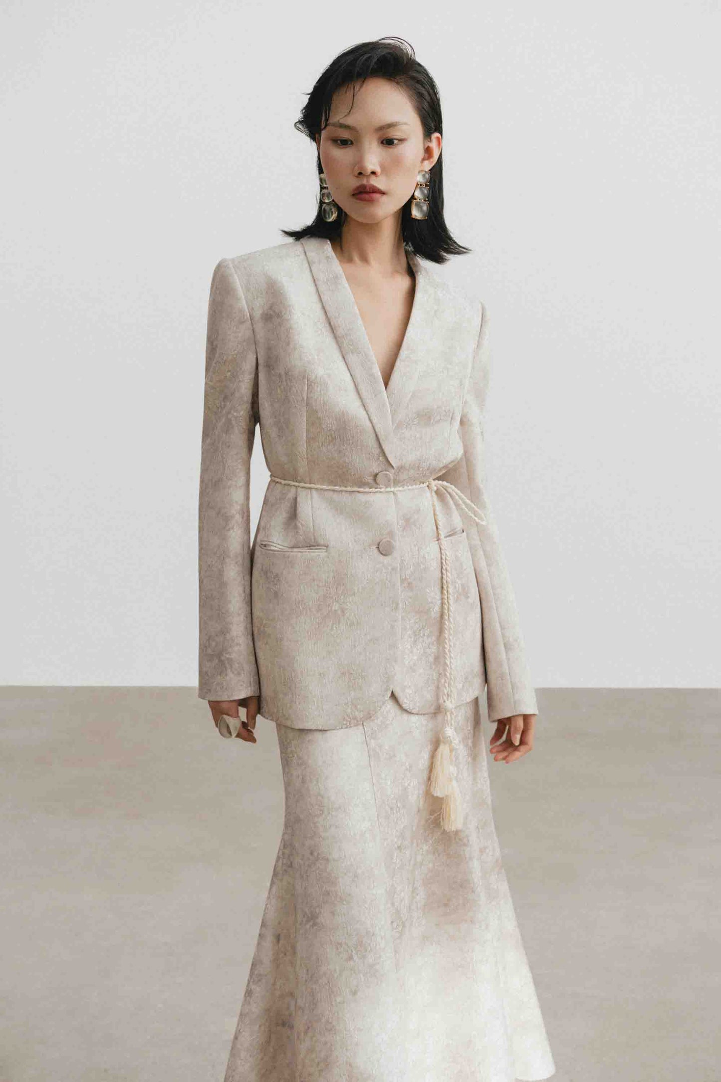 Brocade V-Neck Set (with Skirt)