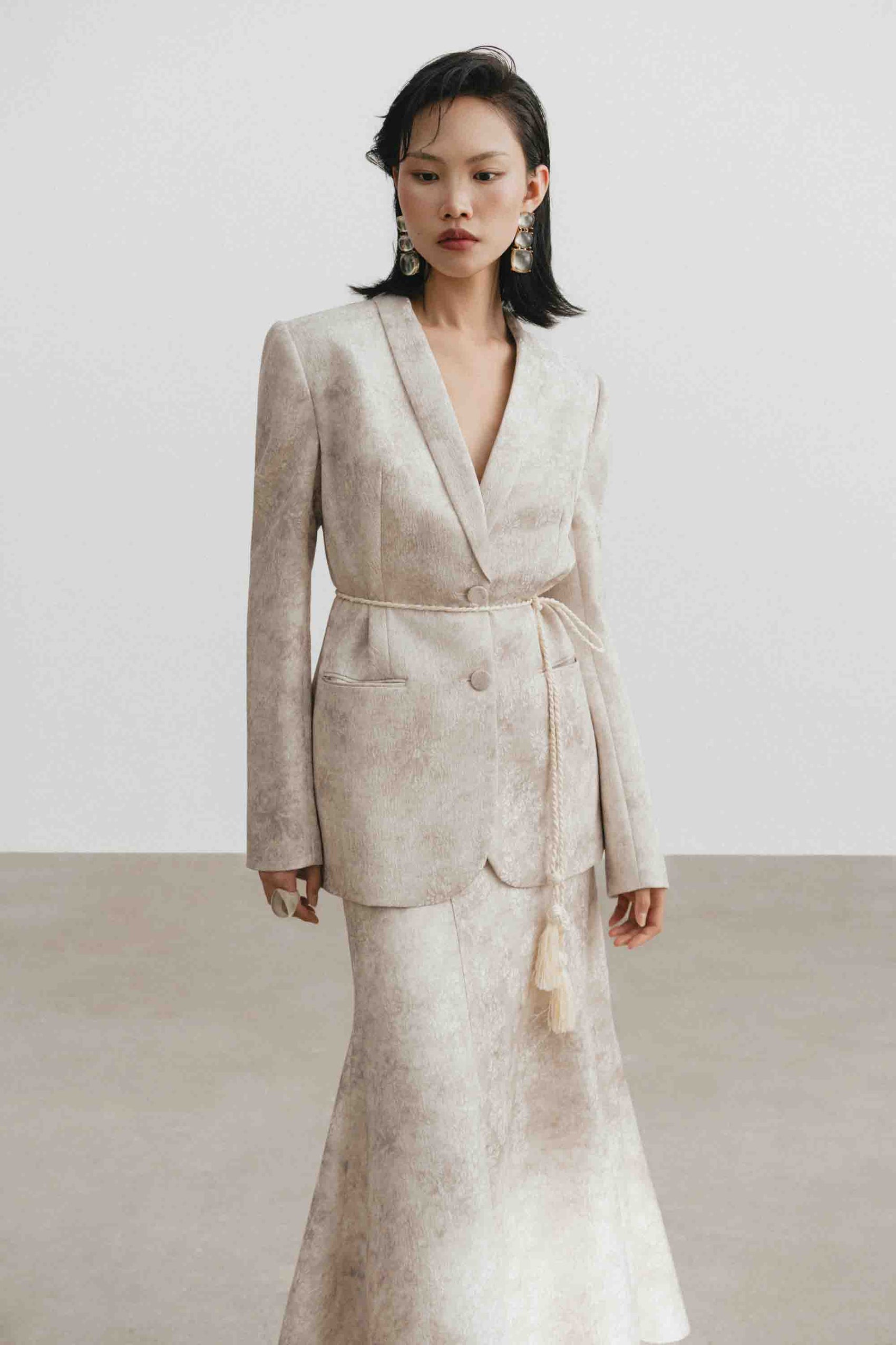 Brocade V-Neck Set (with Skirt)