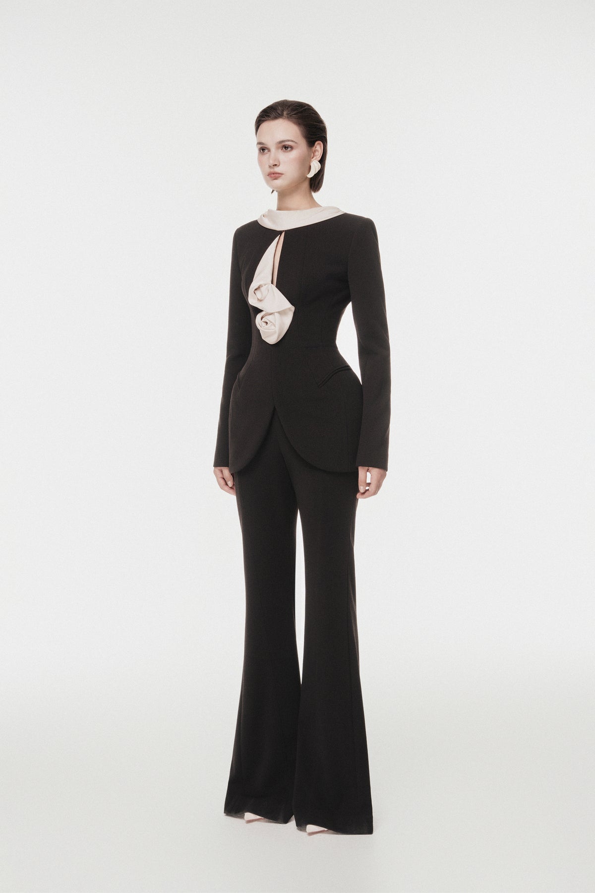 Black Vest with Draped Contrast Lapel Set (with Pants)