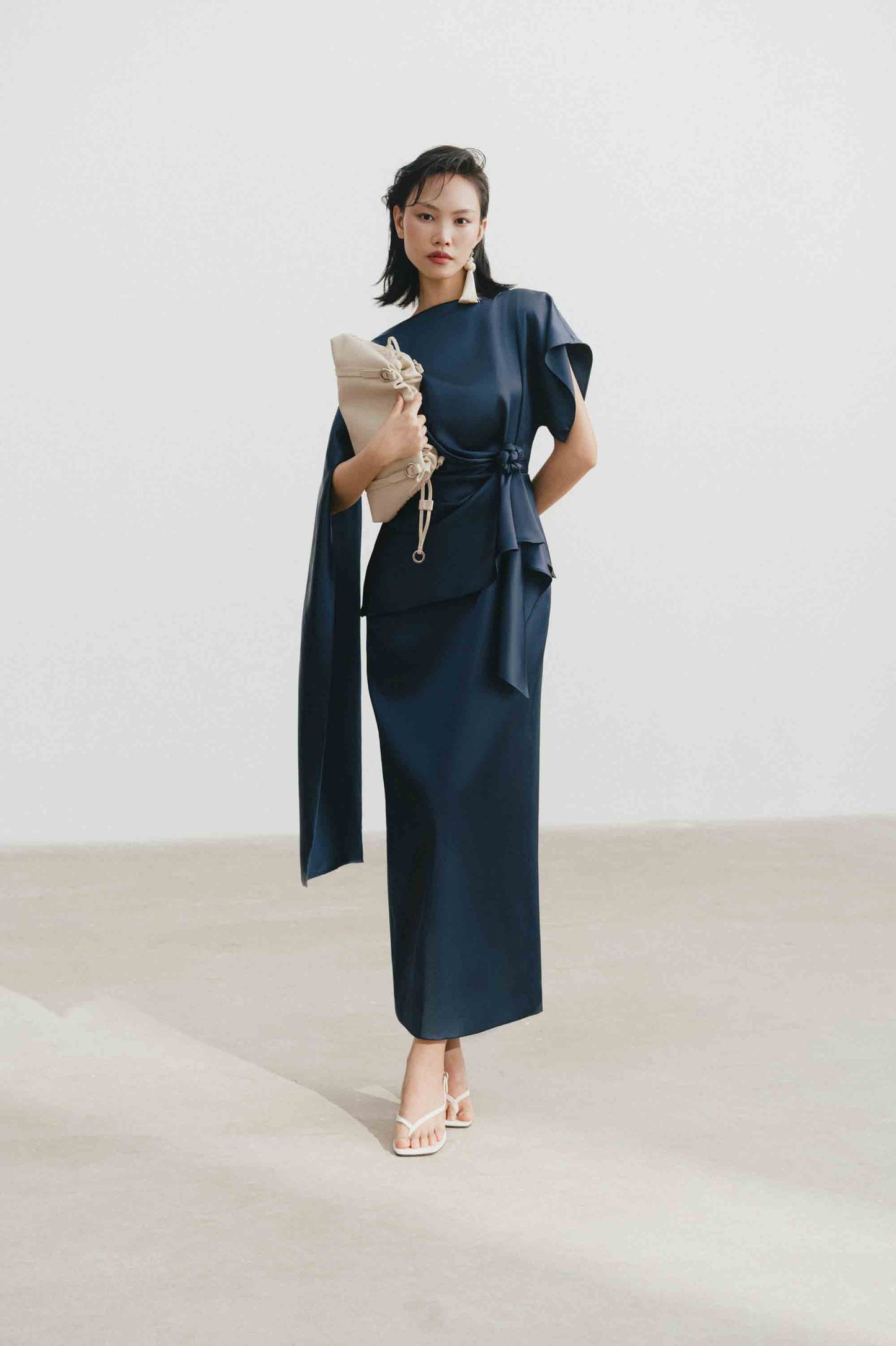 Silk Asymmetric Draped Pencil Dress in Gibraltar Sea